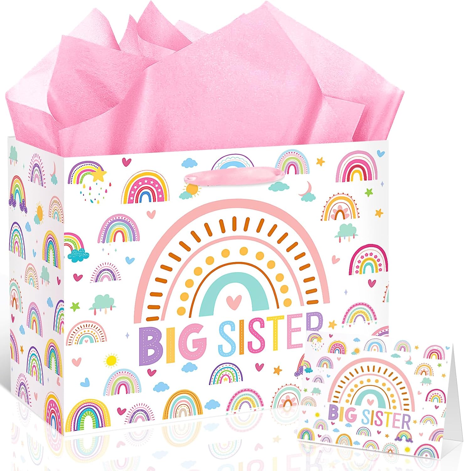 Big Sister Gift Bag for Girls, Boho Big Sister Gift Bag with Tissue Paper and Greeting Card Pink Wrapping Paper Cartoon Rainbow New Sister Party Decoration for Little Girl Birthday Party Supplies