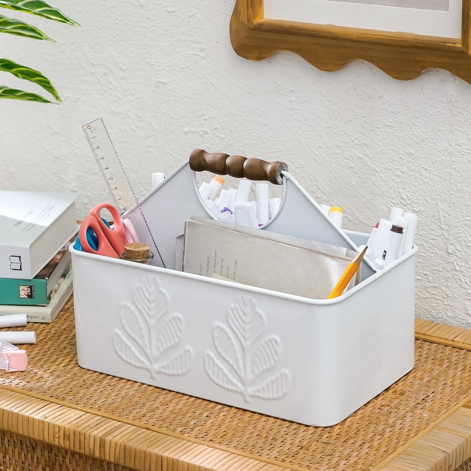 Silverware Caddy for Party Kitchen Flatware Holder for Countertop Metal White Plant Pattern Embossed Cutlery Organizer with 4 Compartments for Utensils, Spoons, Knives, Forks