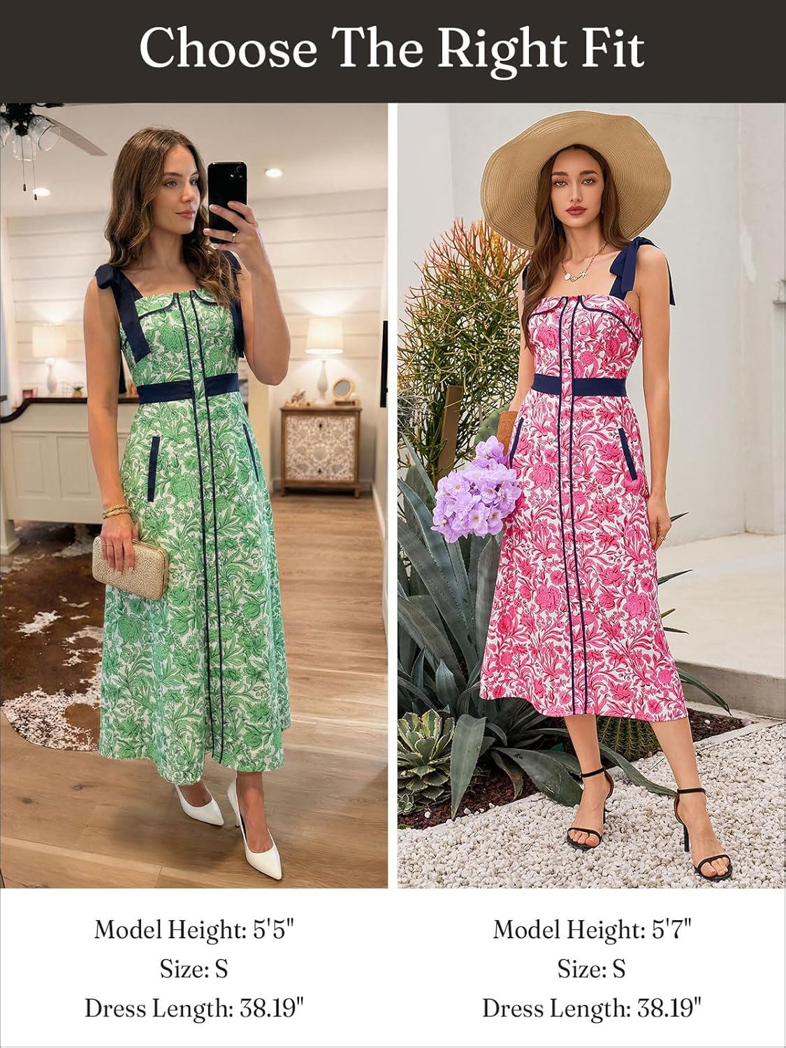 Wenrine Womens Summer Floral Midi Dress Casual Tie Strap Sleeveless Smocked Button Boho Flowy Beach Sundress with Pocket