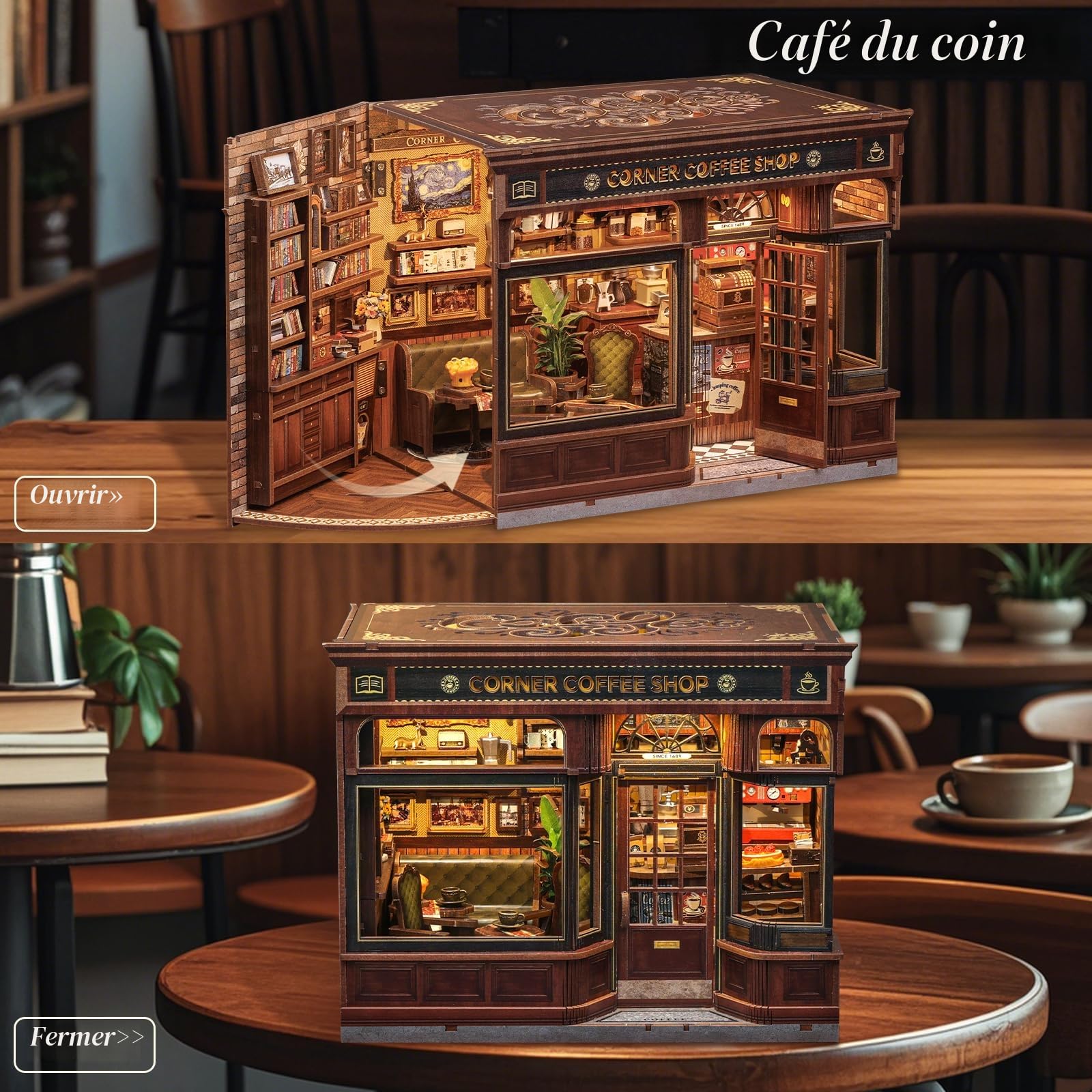 CUTEBEE Book Nook Kit – DIY Rétro Miniature House Bois 3D Puzzle Maison Miniature a Construire Adulte avec Boîtier LED Anti-poussière, Cadeau Spécial pour la Famille et Les Amis(Corner Coffee Shop)