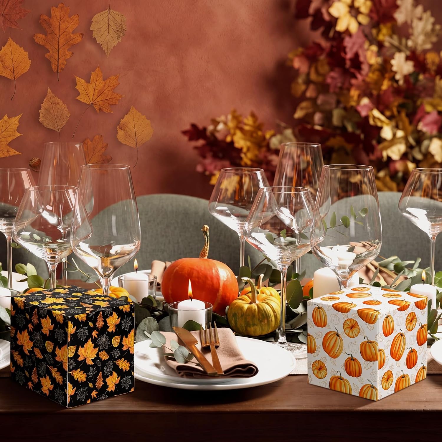 Fourluoo 12 Pack Thanksgiving Pumpkin Facial Tissues Cube Face Boxes 600 Sheets 3 Ply Small Fall Square Tissues Bulk for Thanksgiving Day Autumn Harvest Car Bedroom Party Supplies image 2