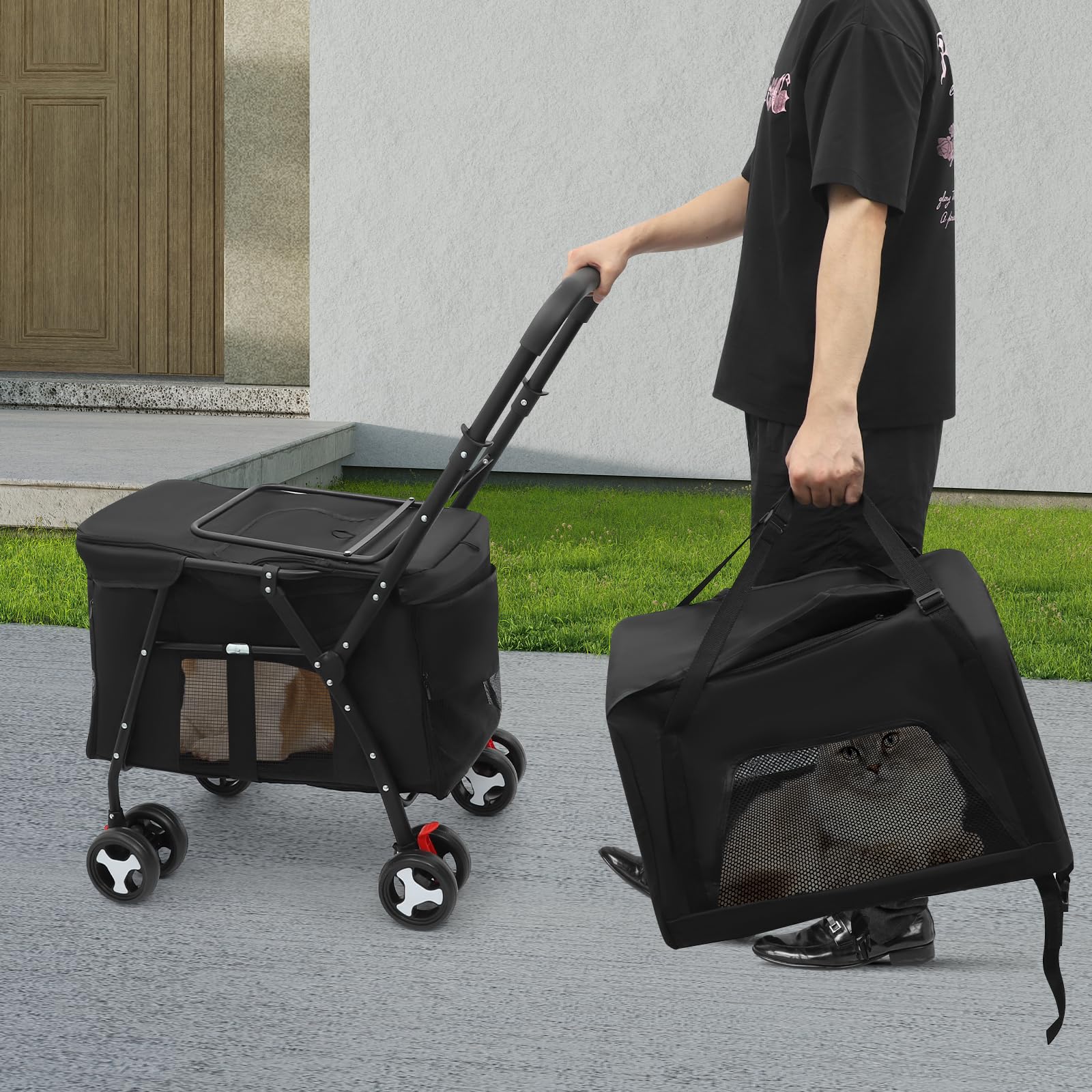 Schwarz Doppelter Haustierstroller, 2 Etagen Faltbarer Haustierwagen, Faltbarer Haustiere Buggy mit abnehmbarer Transportbox, für Katzen und Hunde