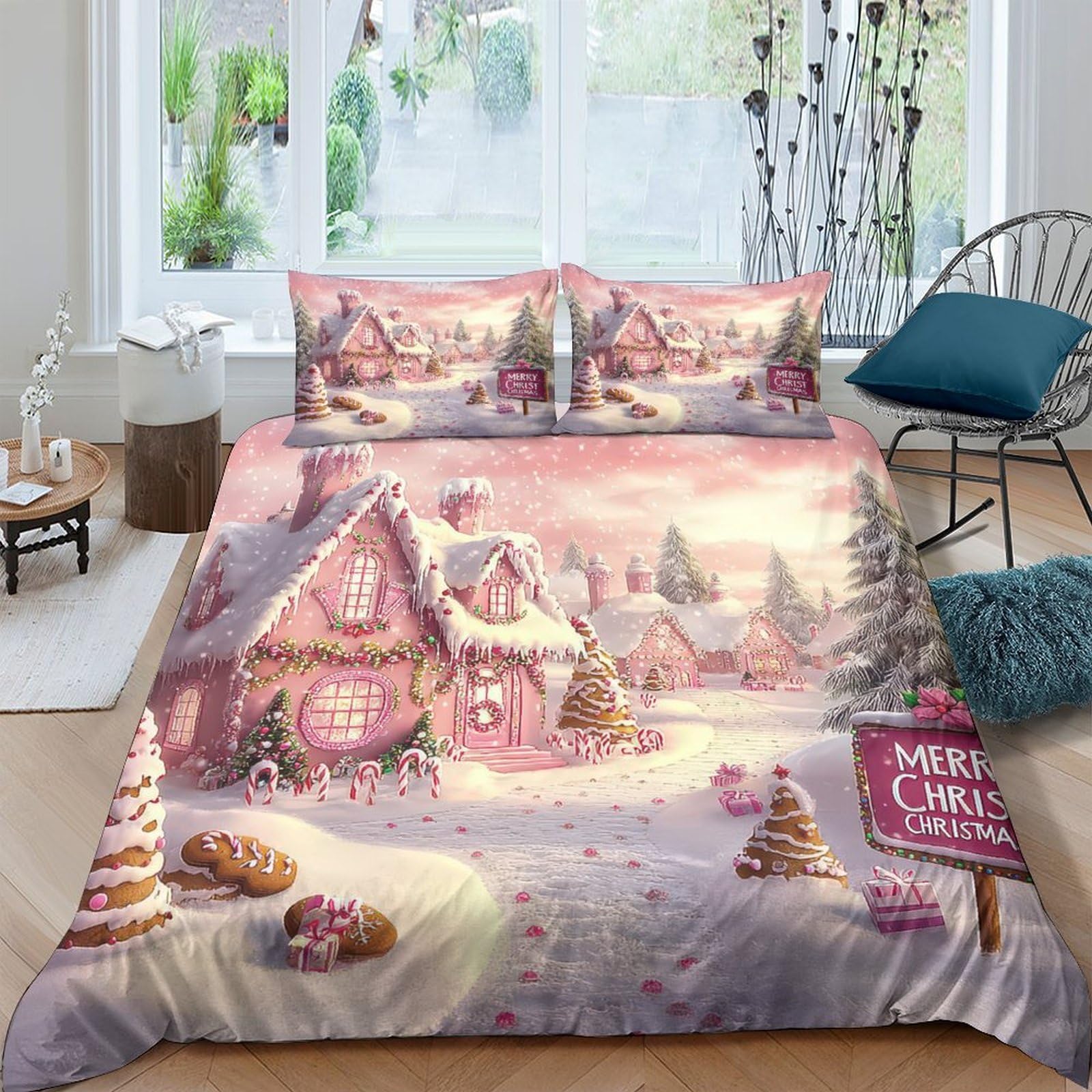 GPLZQXKJNH 3D Printed Winter Cottage Duvet Cover Microfiber Soft Breathable Gingerbread Village Bedding Set with 2 Pillowcases for Bedroom Decor Single（135x200cm）