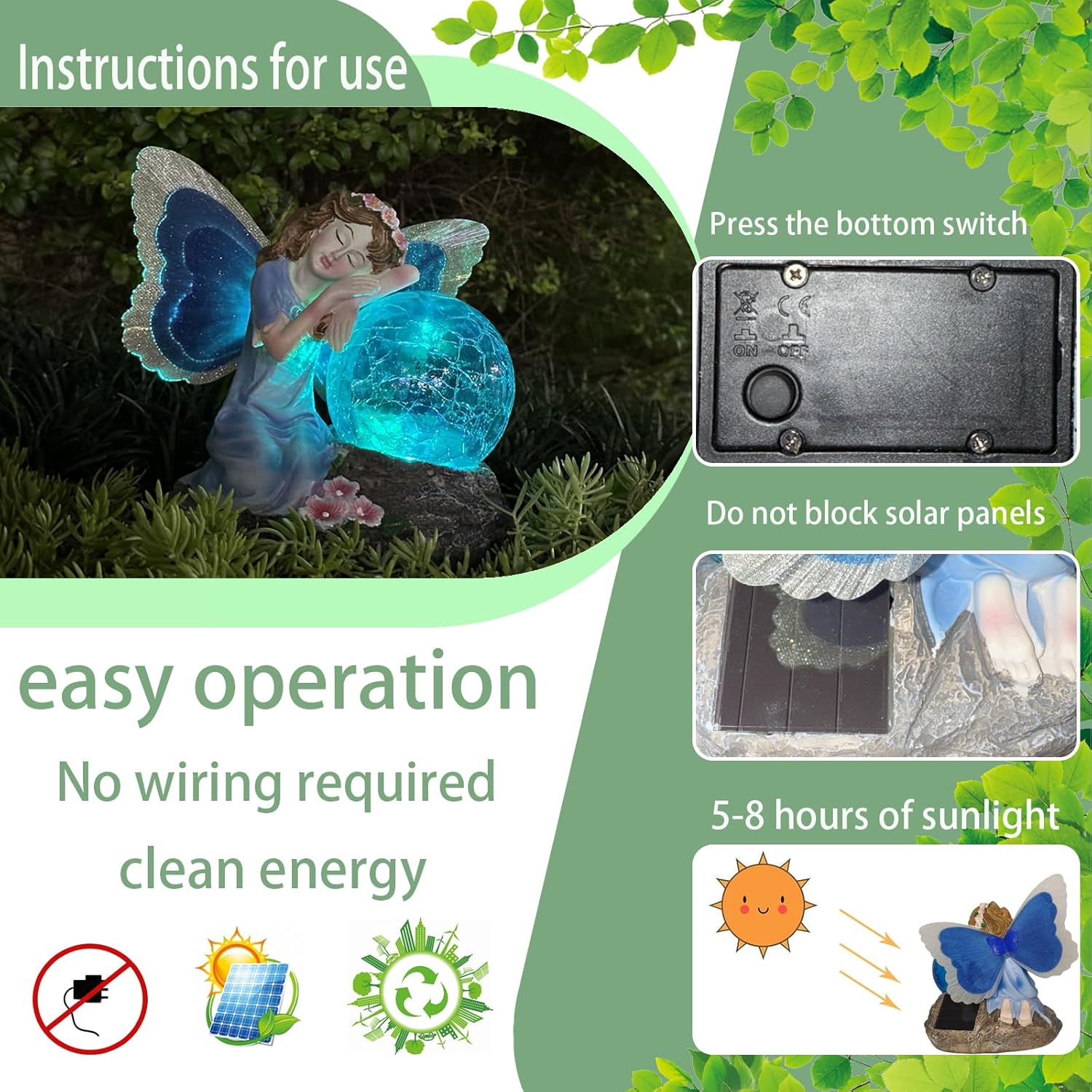 Solar Fairy Garden Statue with Cracked Glass Ball & Glowing Wings, Waterproof Outdoor Fairy Decor for Yard, Patio, Lawn – Ideal for Garden Lovers & Holiday Giving (7.67x6.69 Inches Blue)