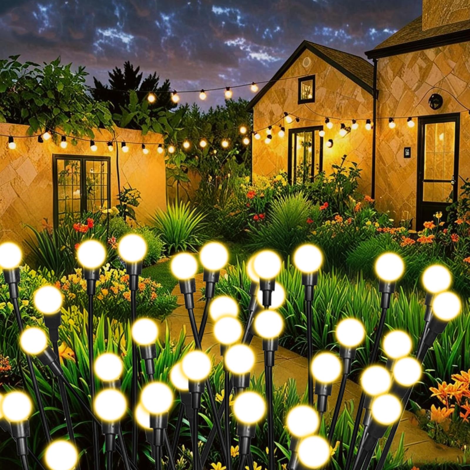 4 Packs Solar Firefly Lights 32 LED Warm Solar Walkway Lights Outdoor Waterproof Swaying Light Garden Decor with