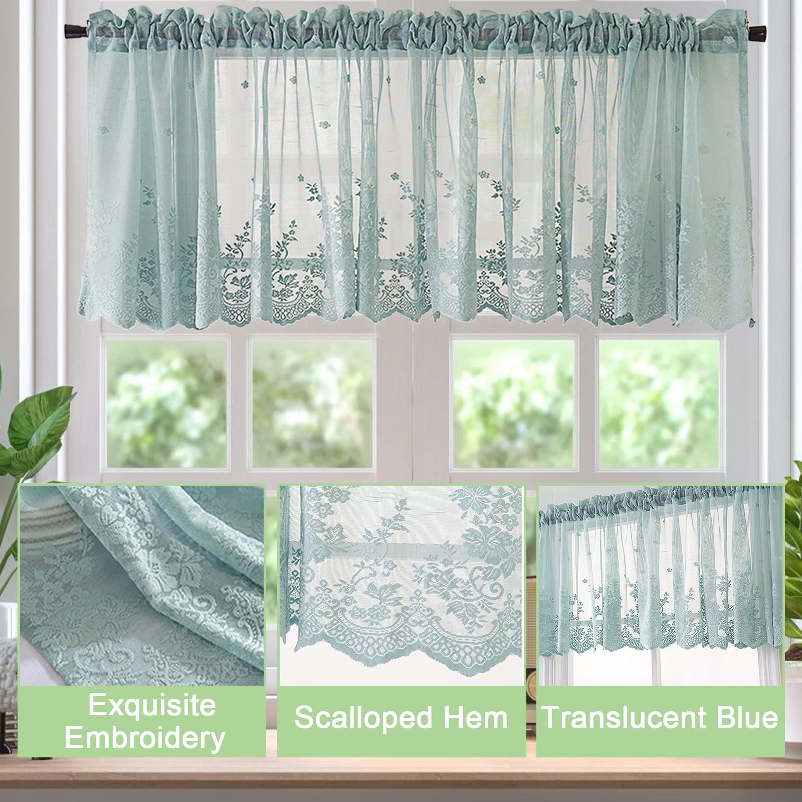 Lace Tier Curtain with Rod Pocket for Kitchen or Bathroom Windows White Lace Valance - 130 x 41 cm (Green) - Image 3