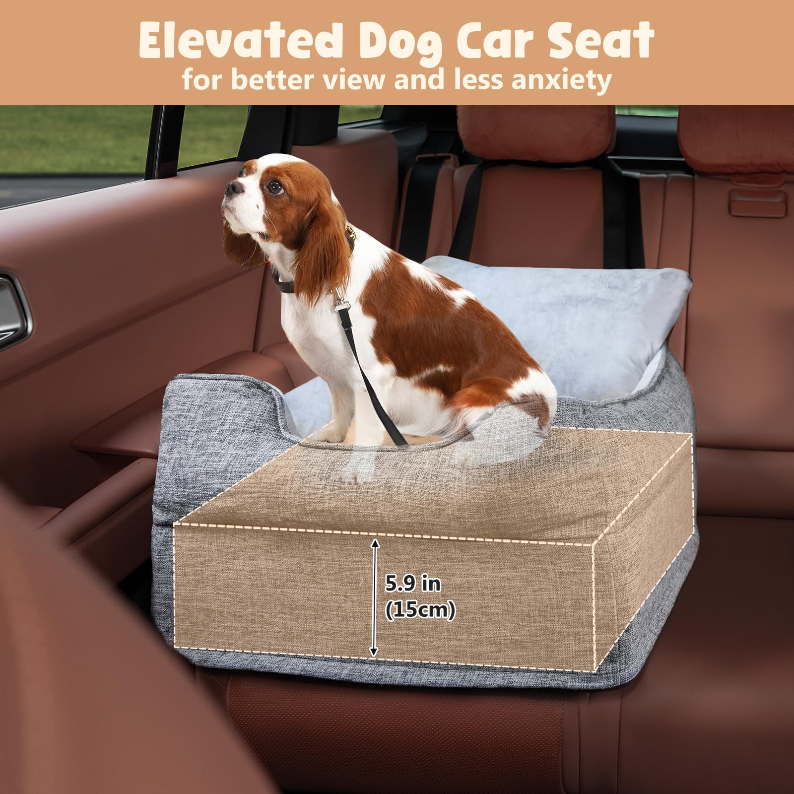 Avont Hunde Autositz für Kleine/mittlere unter 14 kg, Welpen-Hochsitz mit Sicherheitsgurt, Gut gepolstert für Reisen Stressfrei, 50 * 50 * 40 cm -Grau