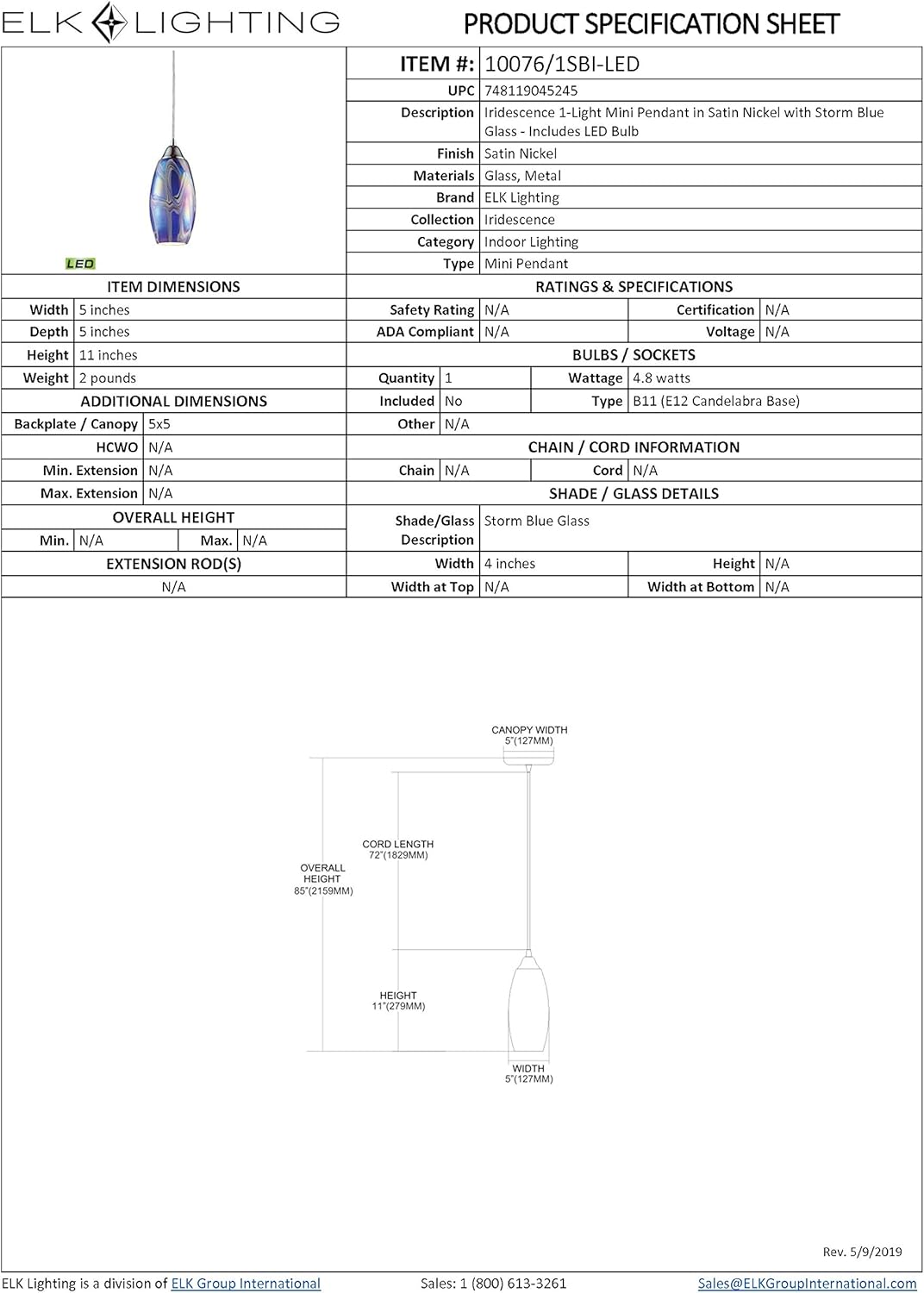 🔥 Crаzу Dеаlѕ Elk 10076/1SBI-LED Iridescence 1-LED Storm Blue Glass Shade, 5 by 11-Inch, Satin Nickel Finish Pendant Light, 5W X 5D X 5H