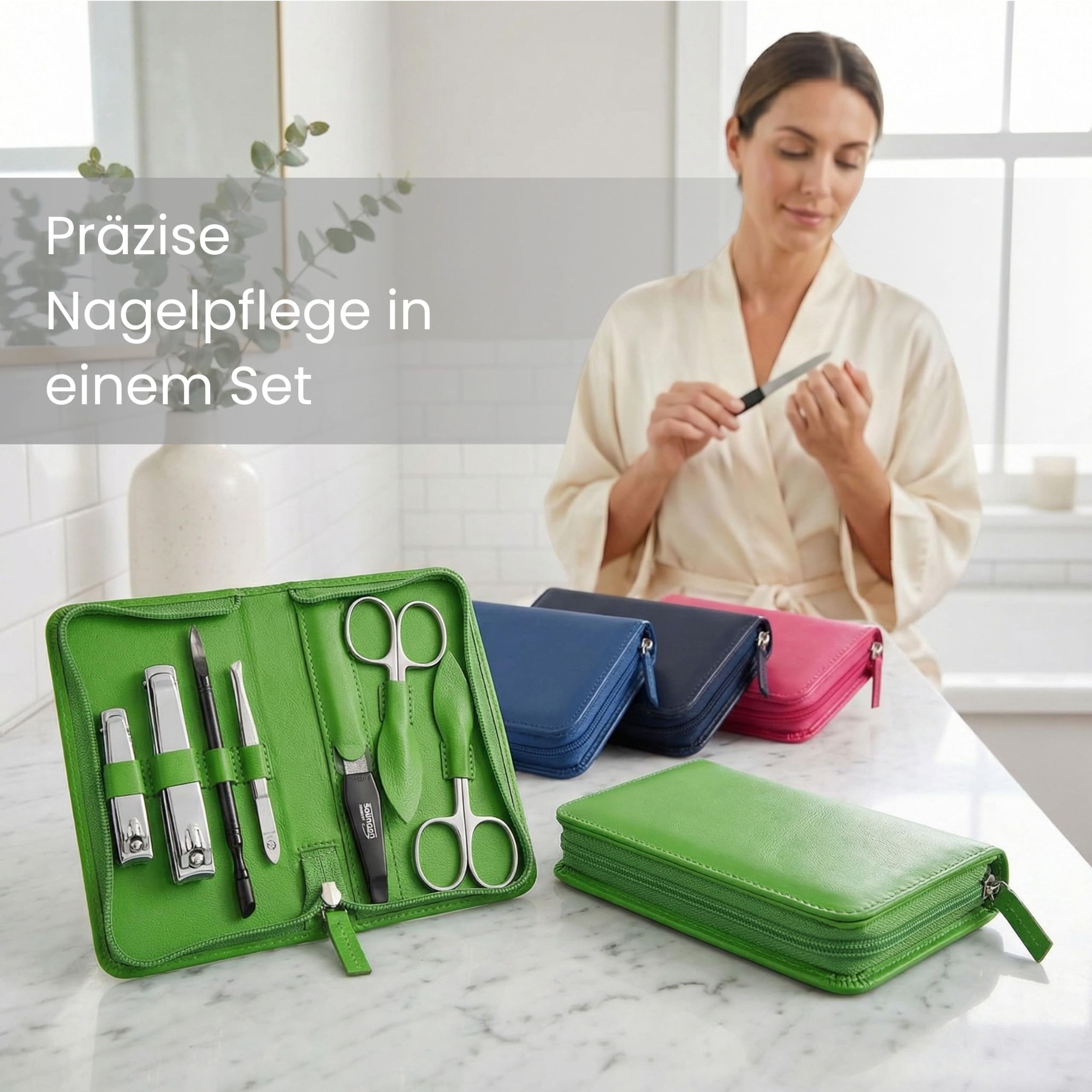 Hans Kniebes Maniküre Set 7-teilig Orange – Profi Nagelpflege & Pediküre Set für Damen & Herren – Edelstahl Nagelschere, Nagelknipser & Pinzette – Echtes Nappa Leder Etui – Reise Manikürset