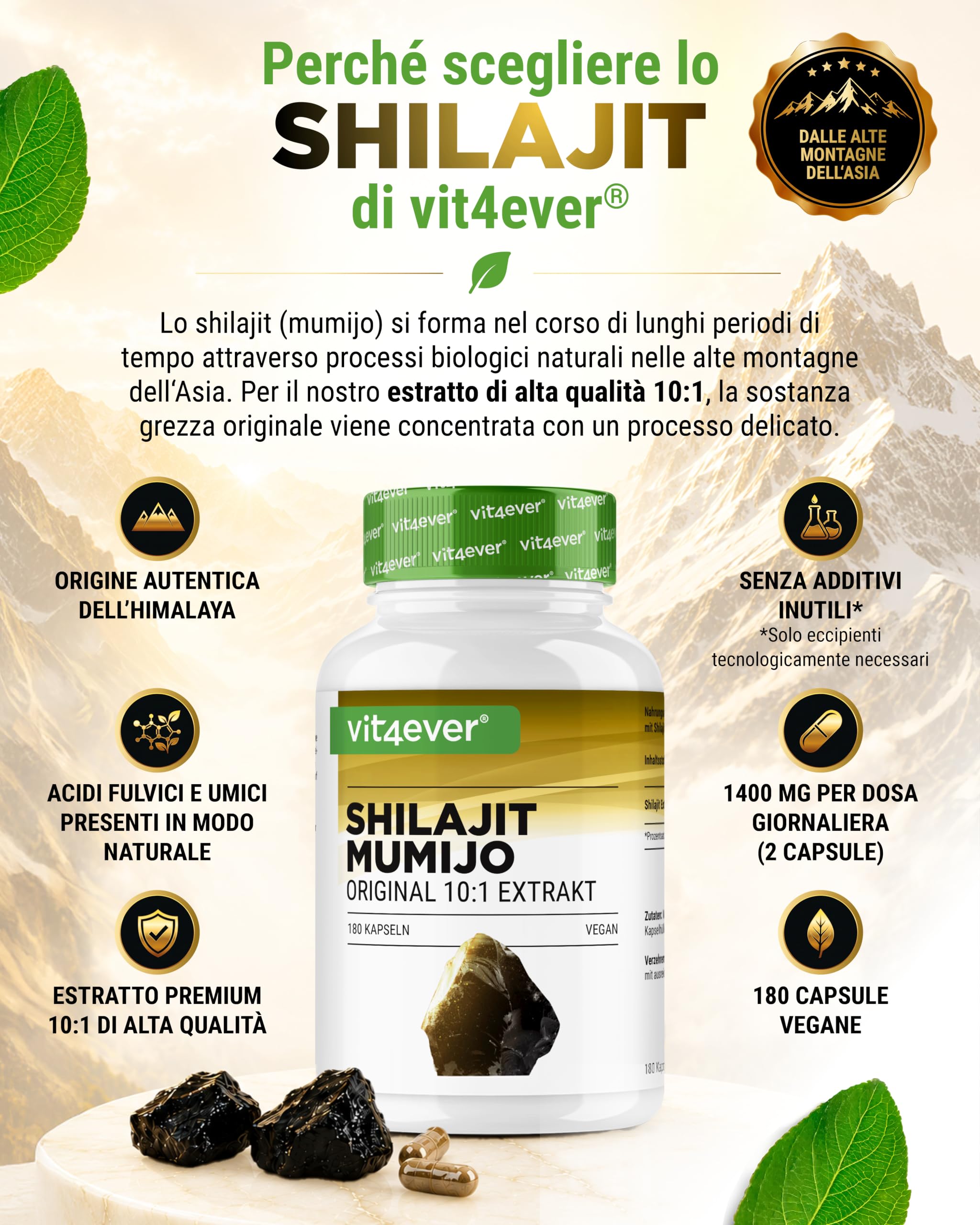 vit4ever Capsule di Shilajit ad Alto Dosaggio - 180 Capsule Vegane - 1400 mg di Estratto di Mumijo 10:1 per Dose Giornaliera - Shilajit Originale dall’Himalaya - Senza Additivi Inutili