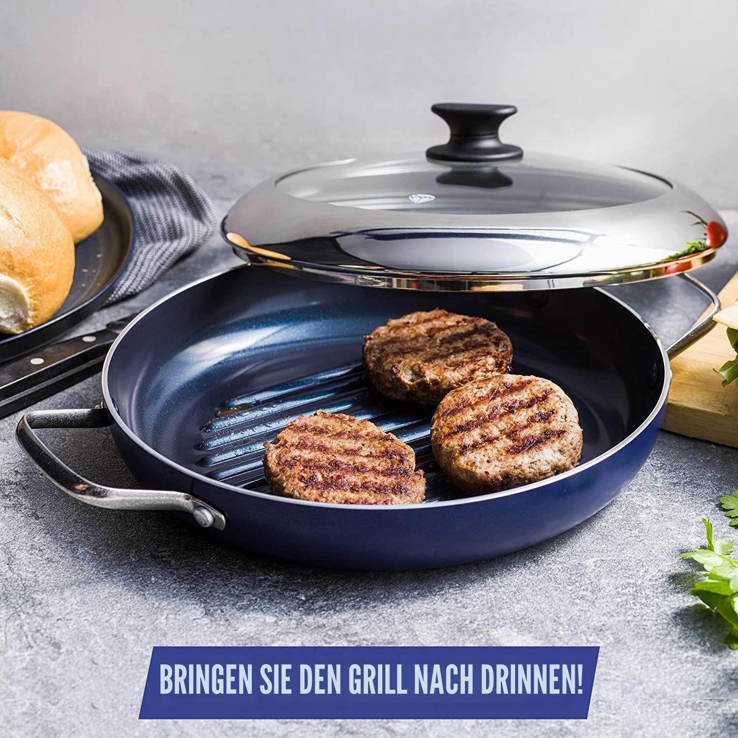 Blue Diamond Cookware Diamantierte Keramische Antihaft-Grillpfanne 28 cm mit Glasdeckel, PFAS-frei, Grillen, BBQ, Backofen sicher, Blau