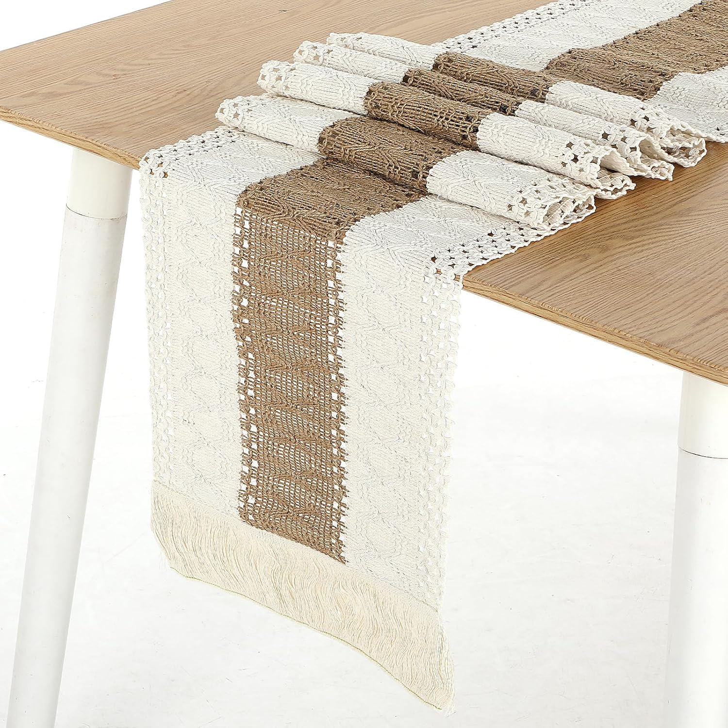 Sibba 1 Beige Macrame Table Runner with Tassels Striped Modern Table
