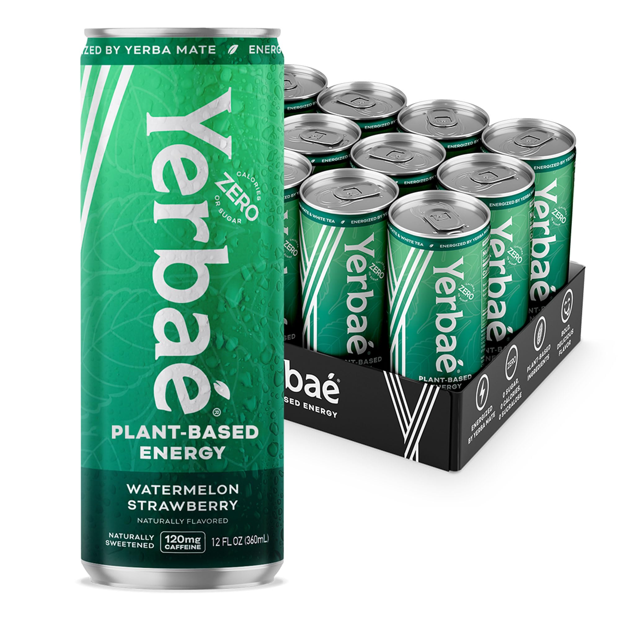 Yerbaé Energy Beverage, Watermelon Strawberry, 120mg Caffeine. No Sugar/Calories/Carbs, Energized by Yerba Mate, Plant-Based, Healthy Alternative to