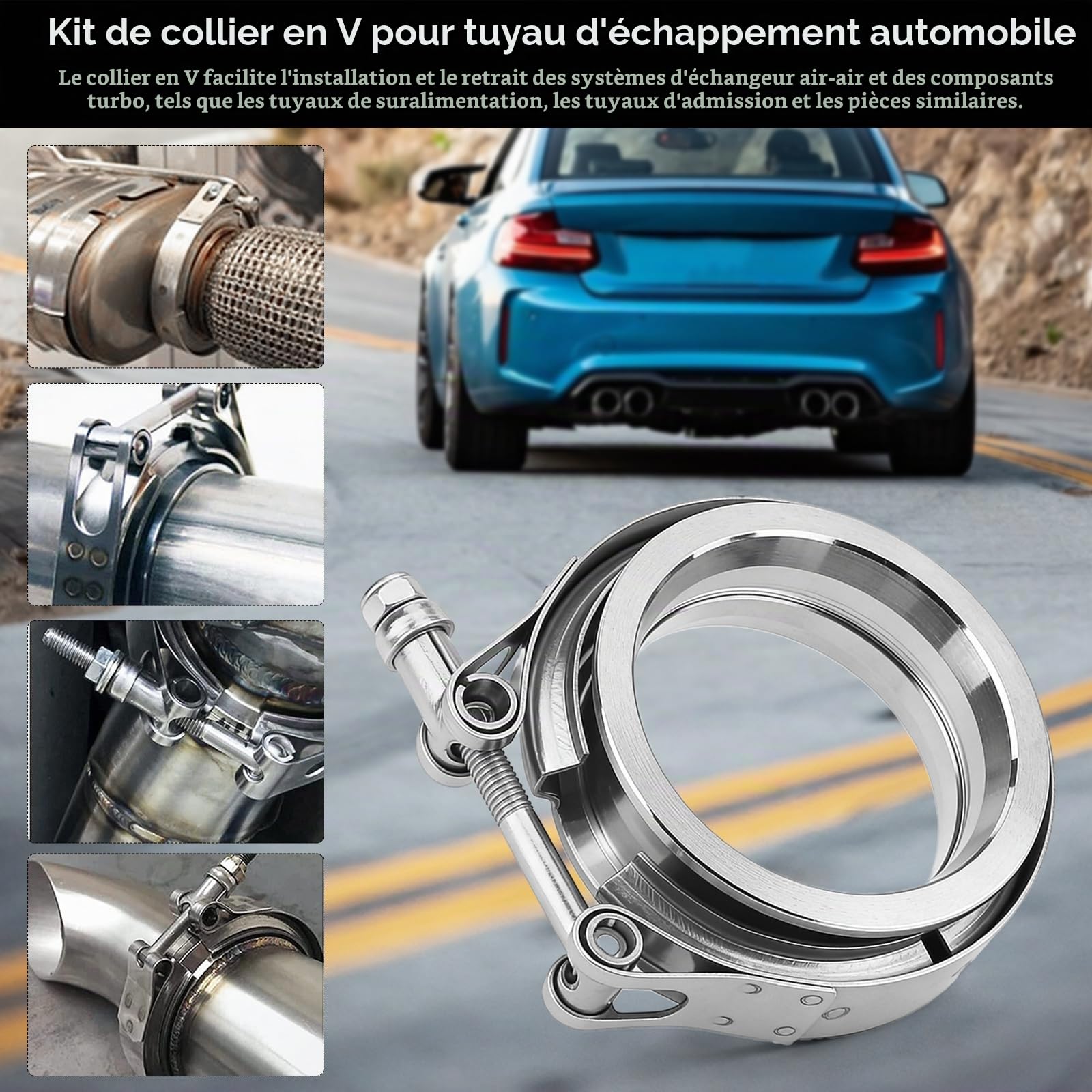 Kit De 2 Colliers De Serrage V-Band En Acier Inoxydable ø 63,5 Mm (2,5") Kit De Colliers V-Band Pour éChappement Automobile Avec Bagues De Centrage Et Collier Pour Durite De Turbo Couleur Argent
