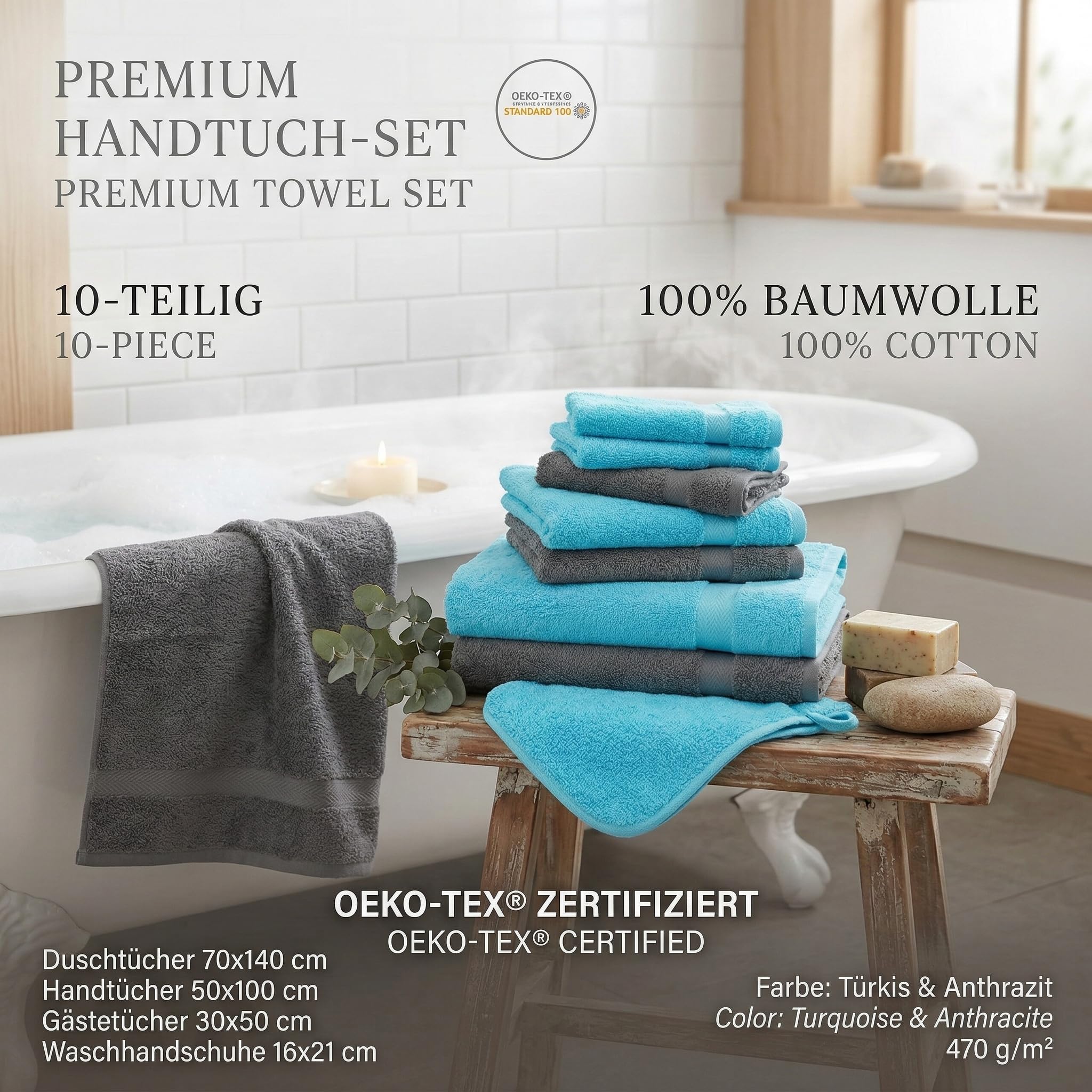 Betz Premium Handtuch-Set 10-teilig 100% Baumwolle Oeko-TEX Zertifiziert 470g/m² Türkis Anthrazit