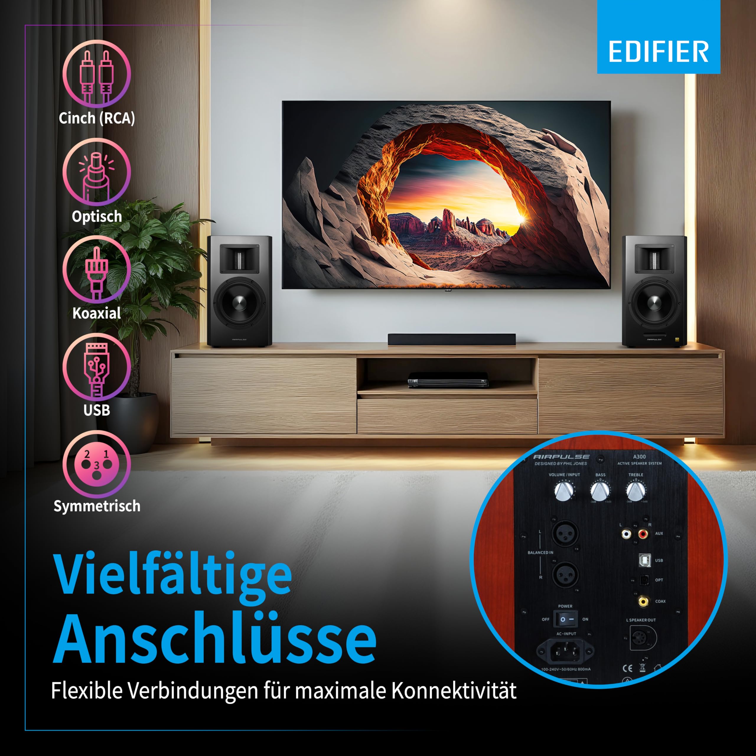 EDIFIER AIRPULSE A300 - 2.0 Studiomonitore (160W) mit Bluetooth V5.0 (aptX), Bändchen-Hornhochtöner für präzise und klarste Höhen, vielseitige Anschlussmöglichkeiten, inkl. Fernbedienung