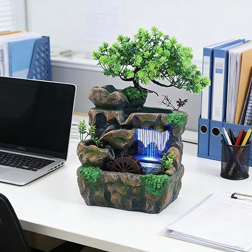 Miniatura 9 de 11.81 pulgadas Fuente de rocalla de mesa para interiores, cascada de bonsái, mini fuente de agua de rocalla con bomba automática y luz LED,