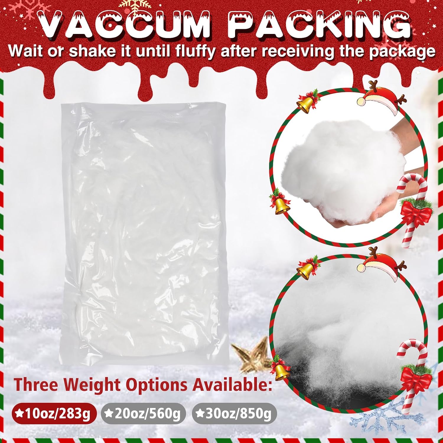 Biggun 10oz Fluffy Fake Snow Decorations - Christmas Artificial Snow Blanket, Indoor Xmas Faux Snow Fiber Cotton Snow Fluff for Winter Christmas Village Tree Decorating, Gifts for Women