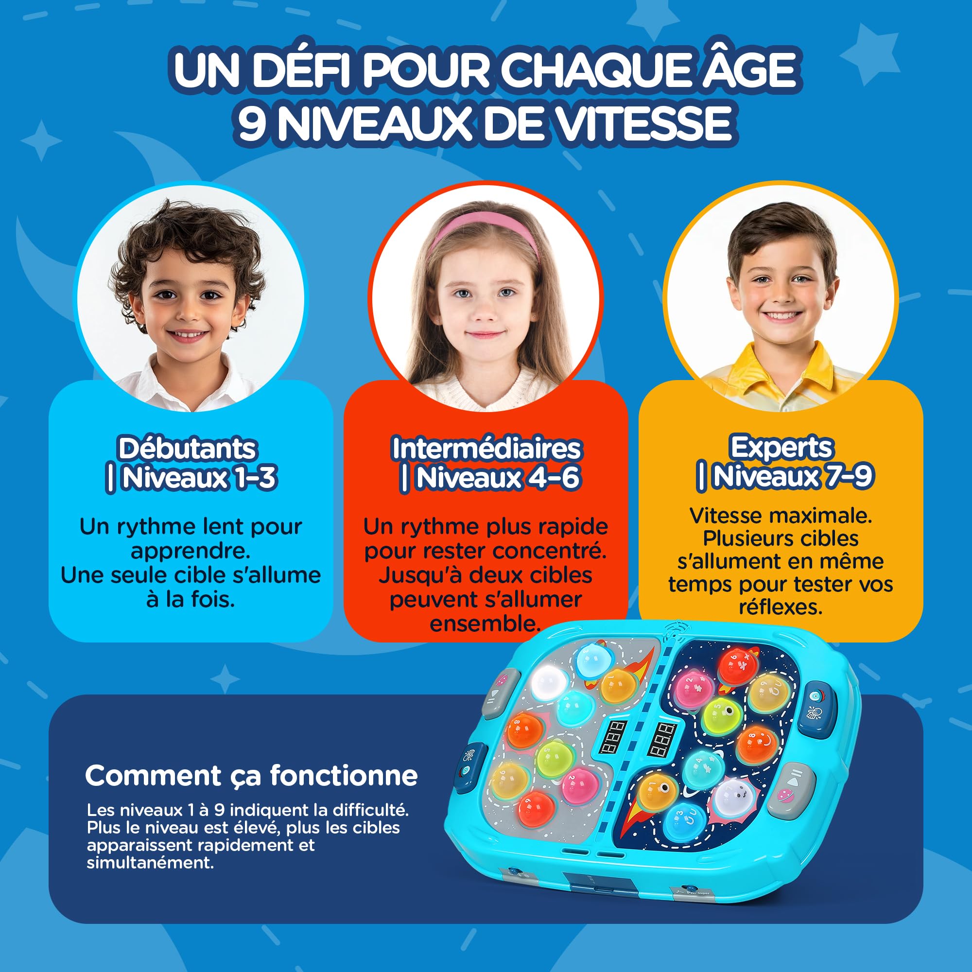 Whack-a-Mole Game for Kids, Jeu de Taupe à Taper avec 18 Cibles Lumineuses, 2 Maillets, 3 Modes de Jeu, 9 Niveaux, Lumières et Sons, Jouet Interactif pour Enfants dès 3 Ans