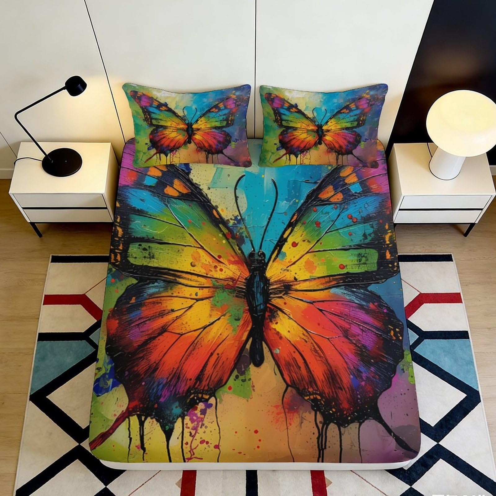3D Printed Colorful Butterfly Fitted Sheet Microfiber Soft Breathable Vibrant Insect Mattress Cover for Bedroom Dormitory Guest Room Protection Decor 200x200x25cm