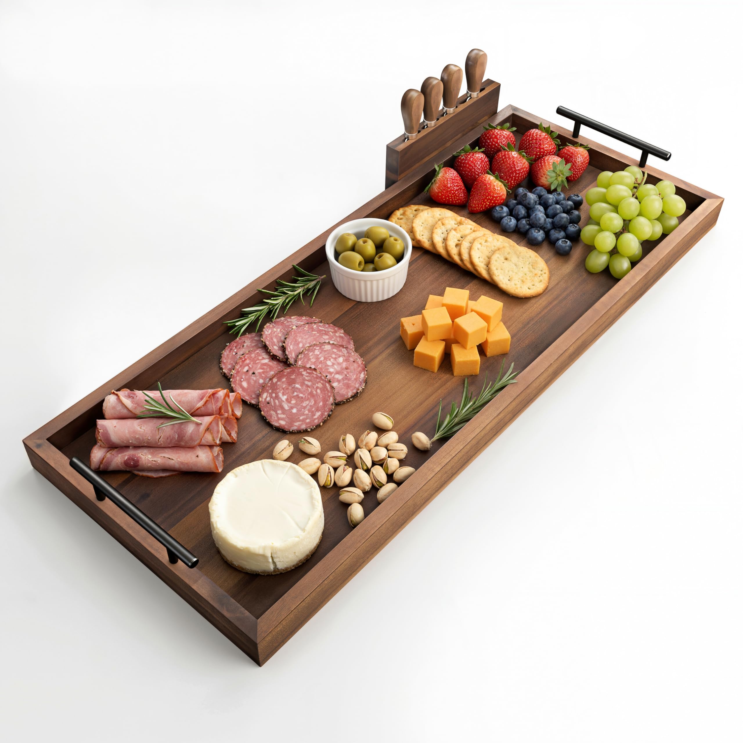 TIDITA Acacia Large Charcuterie Boards for Party with Cheese Knife Set of 4 – Acacia Wood Serving Tray with Handles, Long Charcuterie Board, Wooden