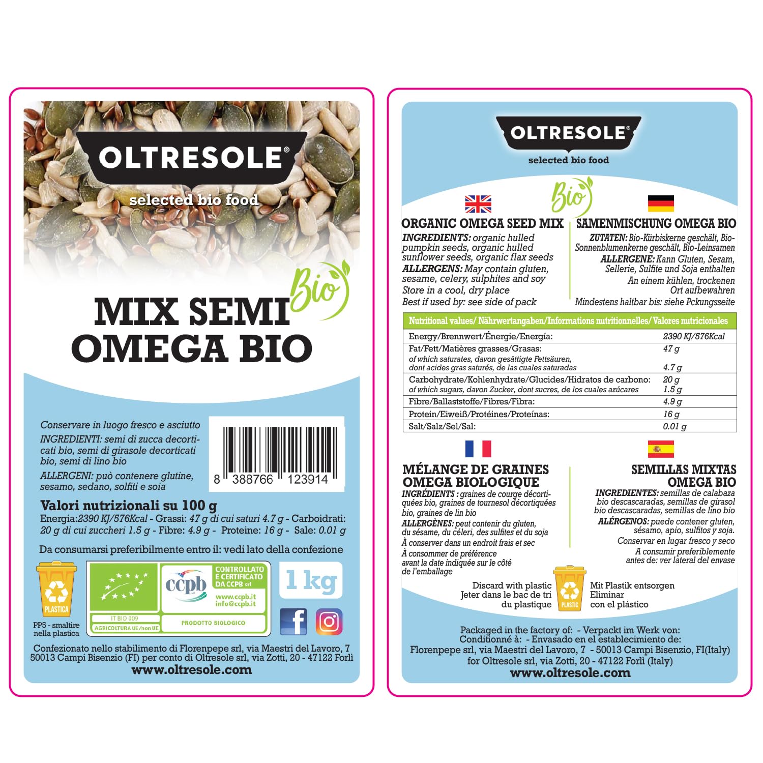 Oltresole, Mezcla De Semillas Omega Ecológicas 1 Kg (Calabaza, Girasol Y Lino), Mezcla De 3 Semillas Oleaginosas Crudas Enteras, Ricas En Proteínas, Fibra Y Omega 3