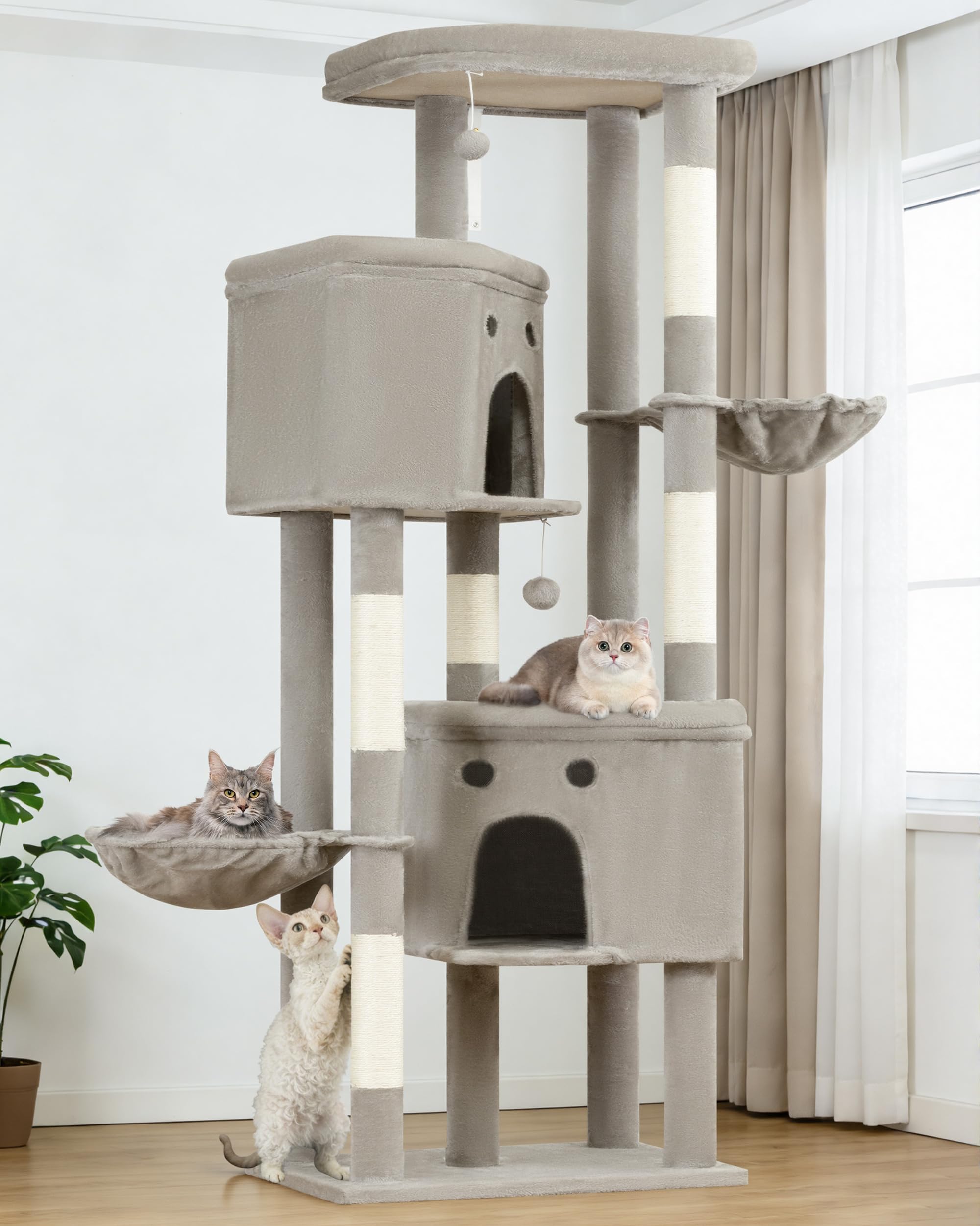 Kratzbaum Groß, Kratzbaum Grosse Katzen Stabil 213 cm hoch - Katzenbaum XXL, Mehrstöckiger Katzenbaum Grau mit 5 Kratzsäulen, 6 Plüschbälle, Plattformen, Höhlen