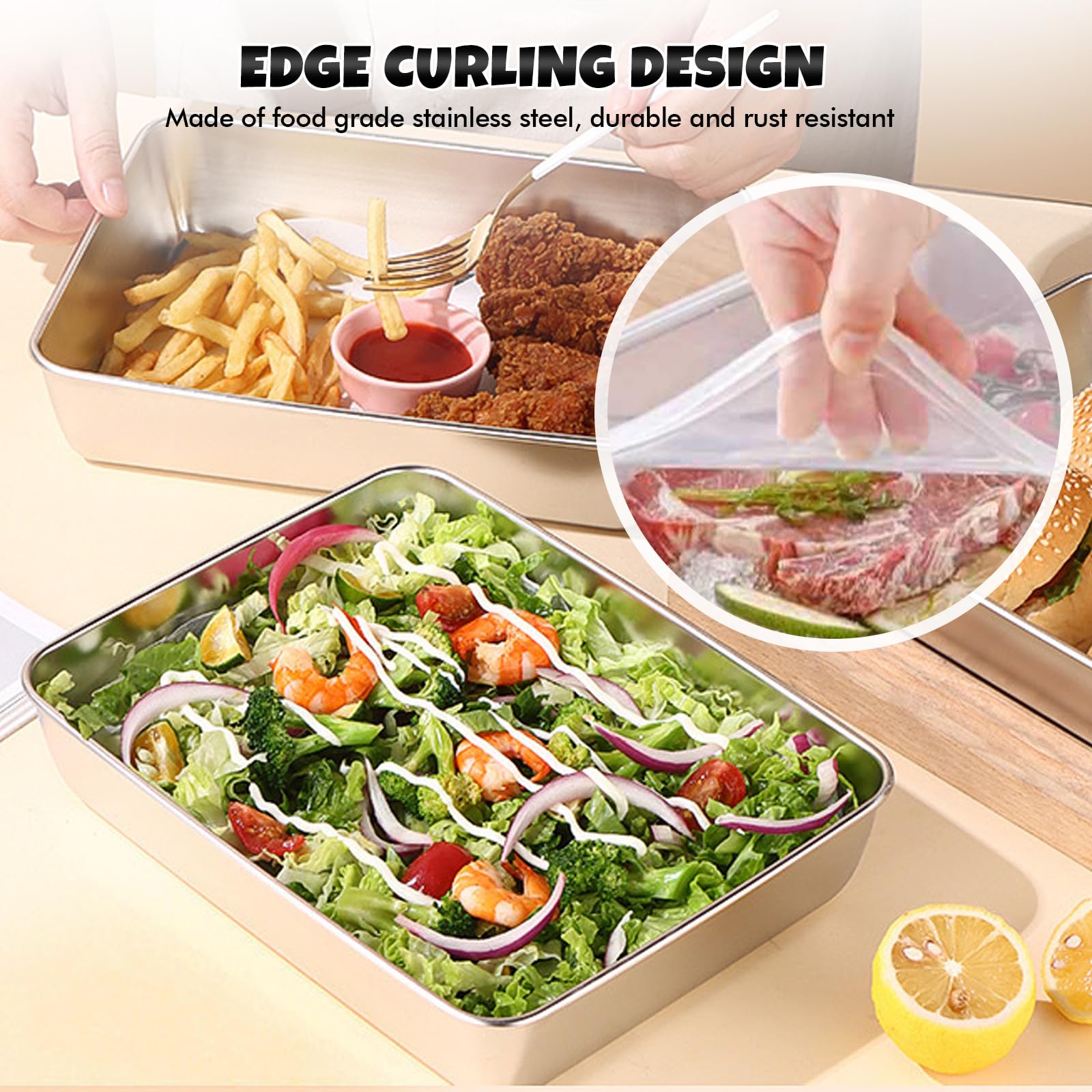 Contenitori per Alimenti in Acciaio Inox con Coperchio: 3 Pezzi 25×20×5cm Salvafreschezza Contenitori per Alimenti, Pranzo in Acciaio Inox con Coperchio Lavabile per Lavastoviglie, Cibo