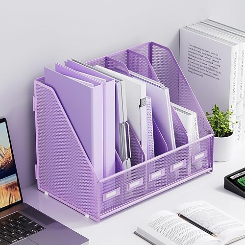 Miniatura 7 de Marbrasse Organizador de archivos de escritorio con 5 compartimentos verticales, soporte de malla para archivador de revistas, para oficina, hogar,