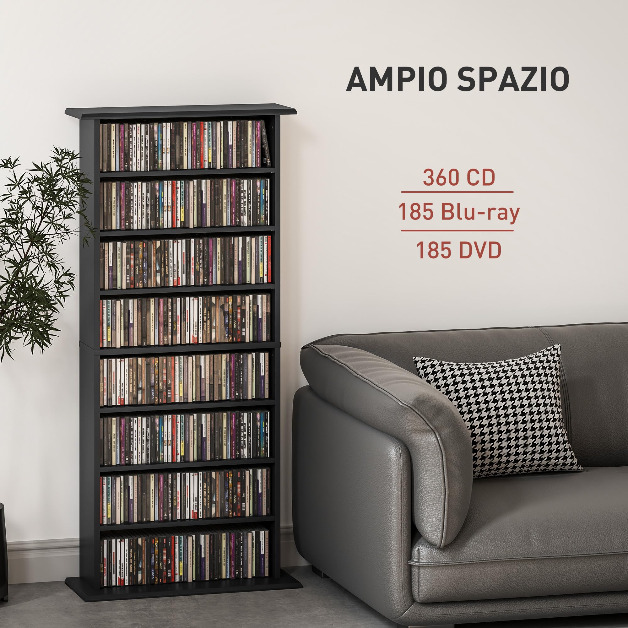HOMCOM Mobile Porta CD con 6 Ripiani Regolabili, Scaffale Porta 360 CD/185 DVD Salvaspazio in Legno, Mobile Portacd con 8 Scomparti, per Soggiorno Camera da Letto Ufficio, 58x24x126.3 cm, Nero