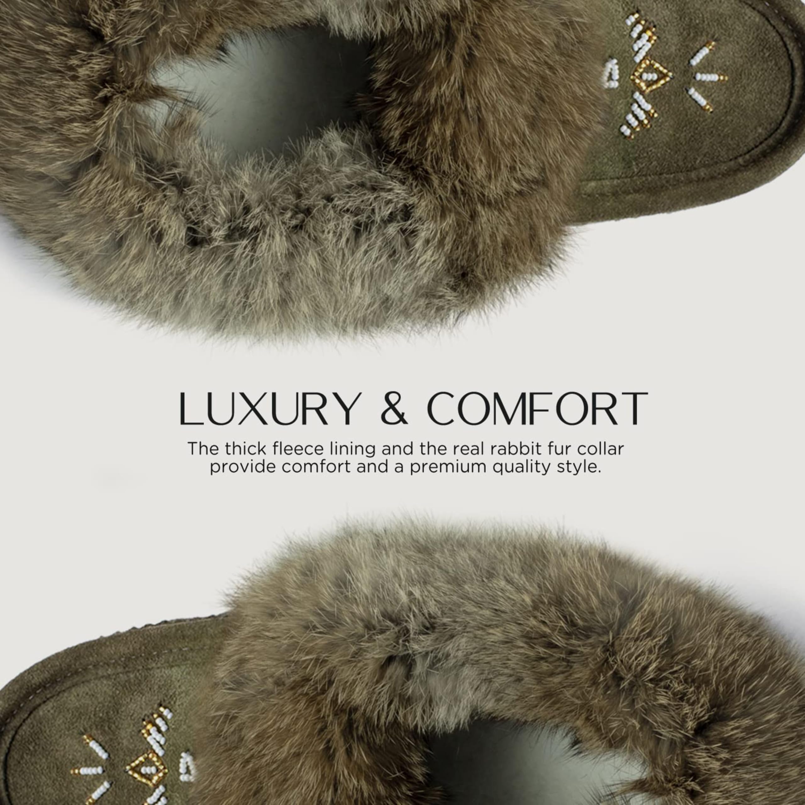 Laurentian Chief Moccasin Slippers for Women – Ladies Comfortable Slippers with Real Rabbit Fur Trim and Soft Faux Lining – Canada Quality Beaded Style Warmie Shoes for House Indoor