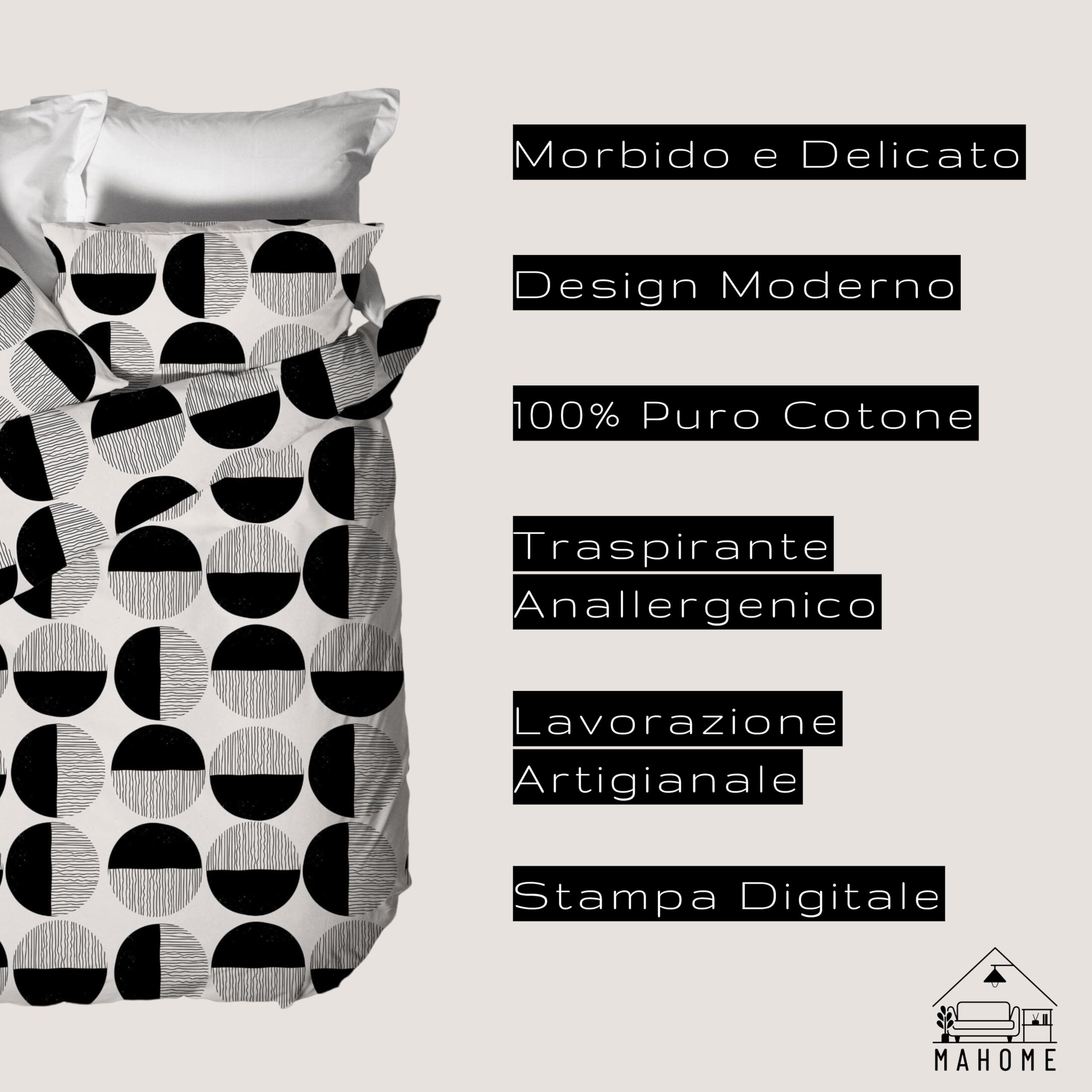 Mahome Set Copripiumino Matrimoniale Moderno 100% Cotone Morbido - Parure Sacco Piumino 250x240 + 2 Federe 52x82 (Bohl Black)