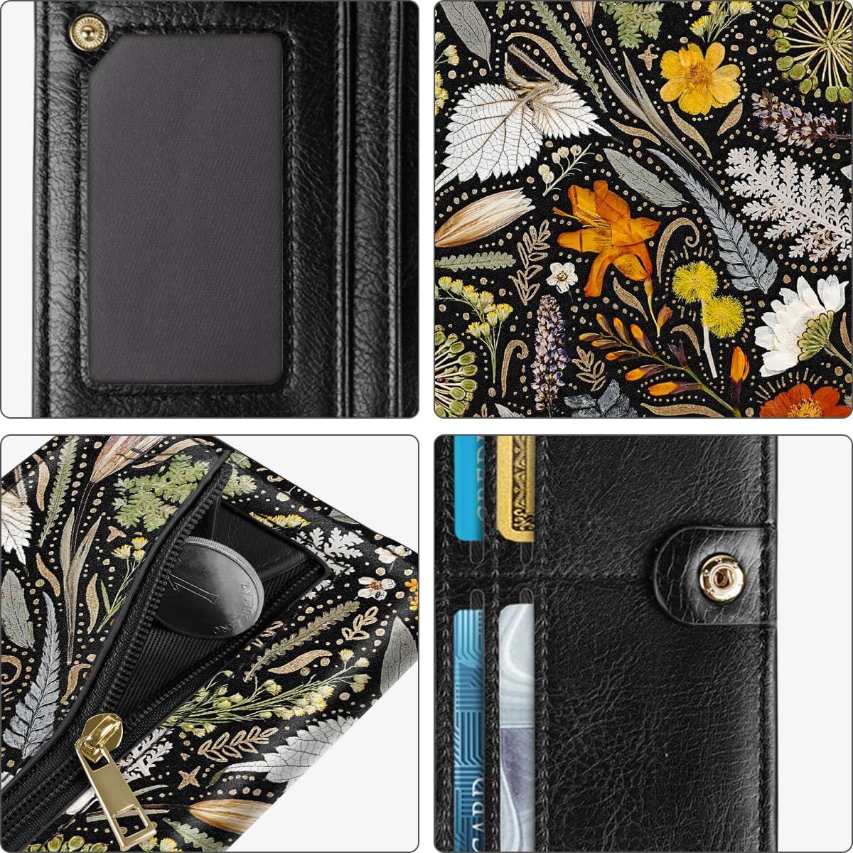 Ultra Slim Womens Wallet Minimalist Thin Long Leather Bifold Wallet RFID Blocking Card Holder Organizer with Zipper Coin Pocket Ladies Girls Gift Purse, Dried Flowers - Image 6