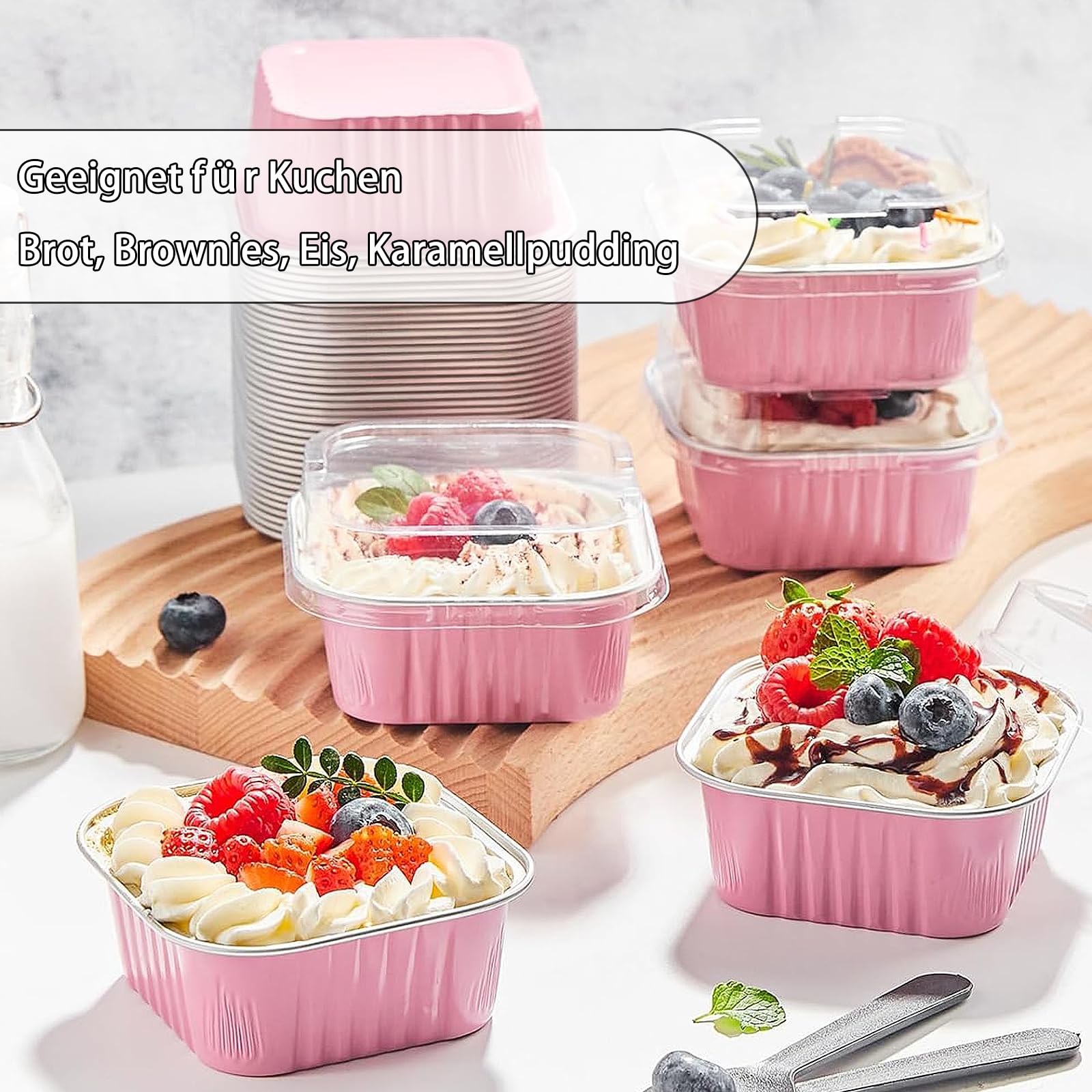 Mini Taza Papel Aluminio Con Tapa, 50 Piezas 150ML Moldes para Cupcakes de Papel de Aluminio, Mini Moldes Para Pan, Con 50 Cucharas, para Postres, Pasteles, Panes(Rosa)