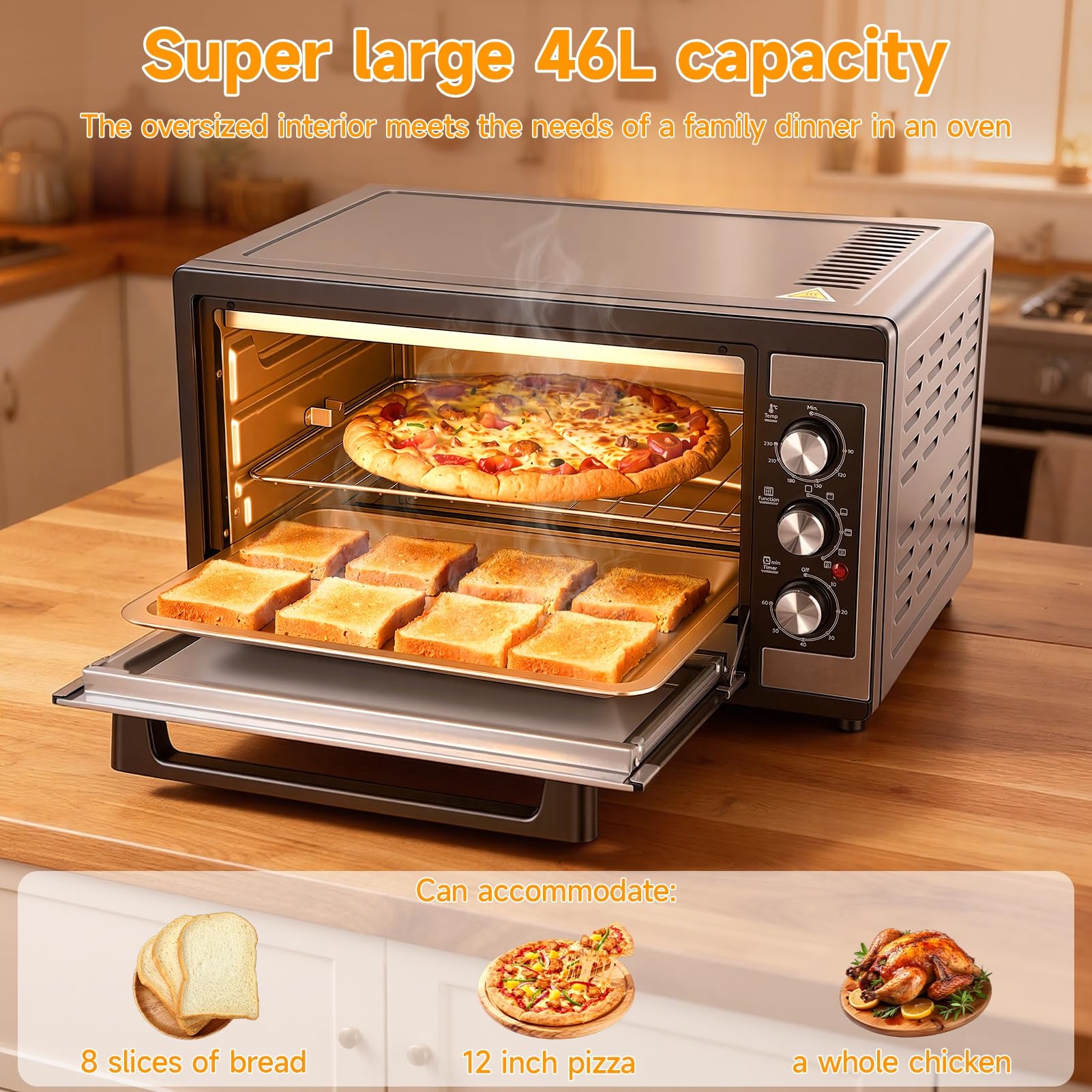 Grand four à convection de 46 litres, four de comptoir 9-en-1 avec fonctions Crispy Roast, déshydratation et rôtissoire, 6 accessoires inclus, 1 500 W, acier inoxydable UE