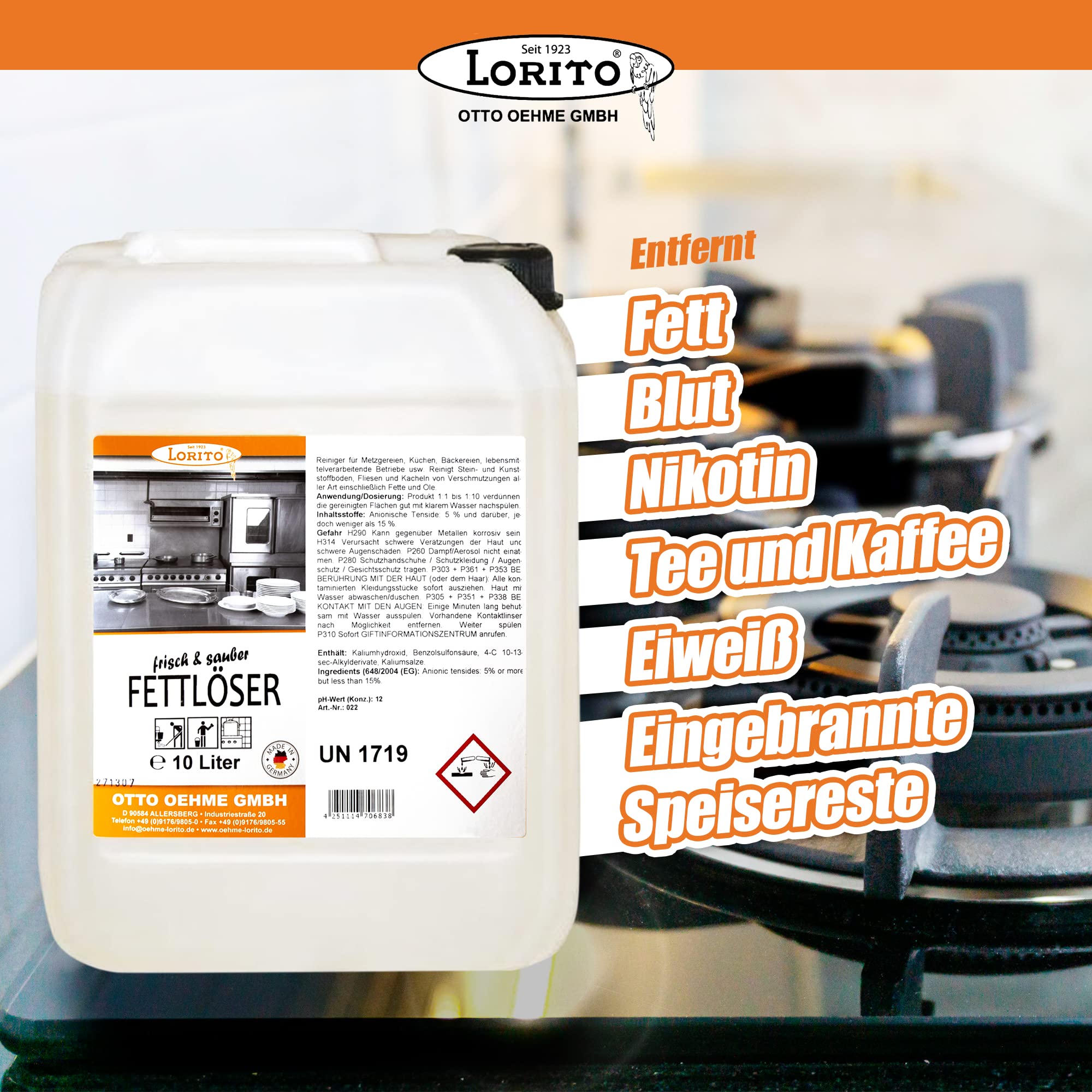 Lorito Profi-Fettlöser stark für Gastronomie & Küche 2 x 10L | Küchen-Reiniger Konzentrat für Dunstabzugshaube, Grill, Backofen & Fliesen, entfernt Fett, Öl & hartnäckige Verunreinigungen