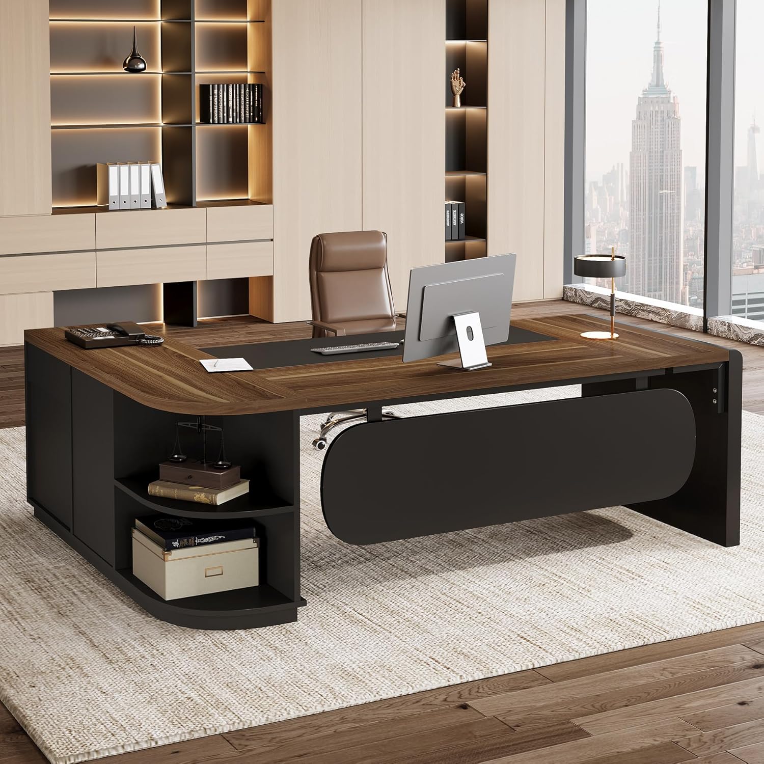 Tribesigns 81-Inch L-Shaped Office Desk, Large Commercial Office Desk with Drawers and File Cabinet, Modern Professional Business Furniture Workstations with Storage Shelves, Brown & Black