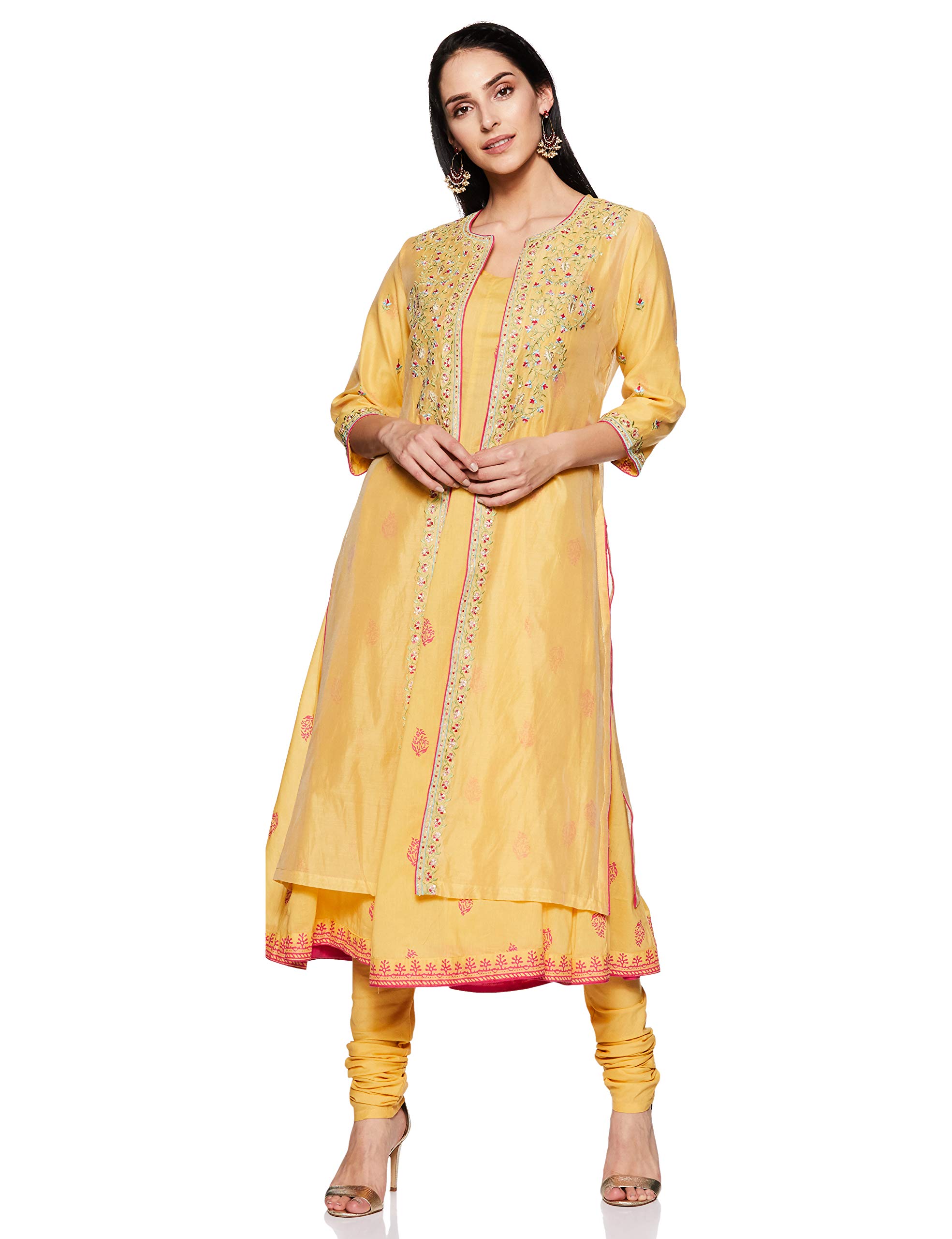 BIBA Yellow Front Open Cotton Suit Set