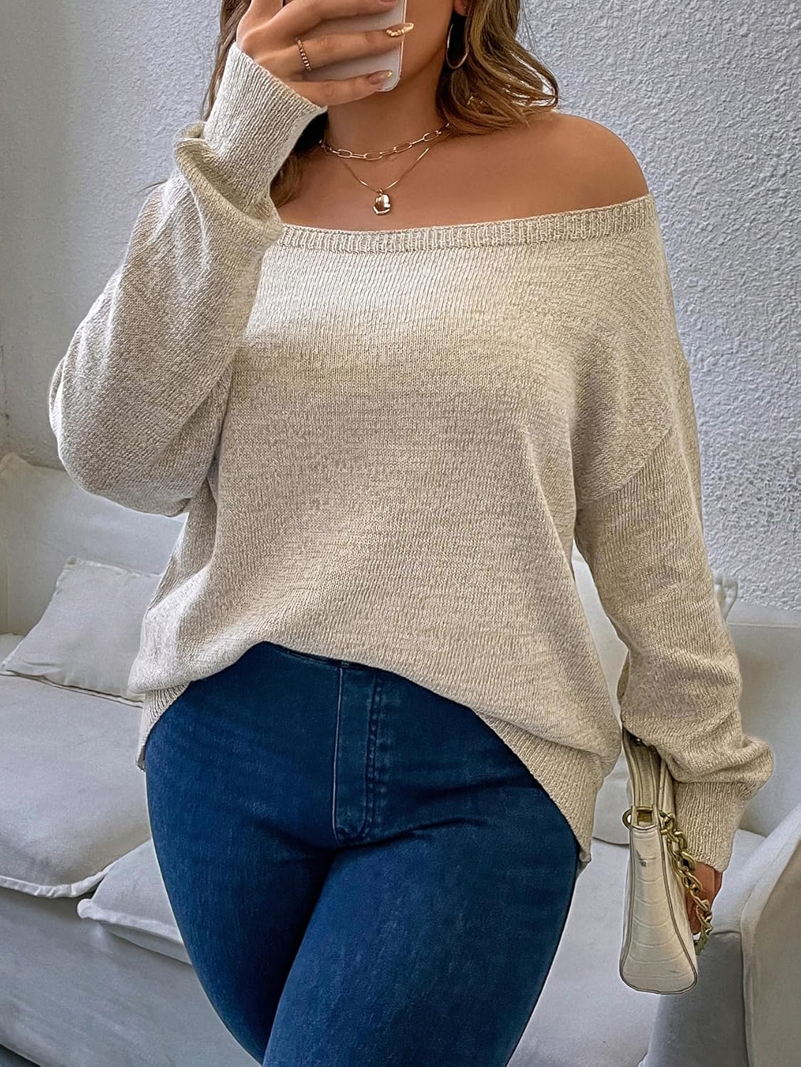 SOLY HUX Women's Plus Size Sweater Off Shoulder Long Sleeve Fall Sweaters Loose Lightweight Pullover Tunic Tops