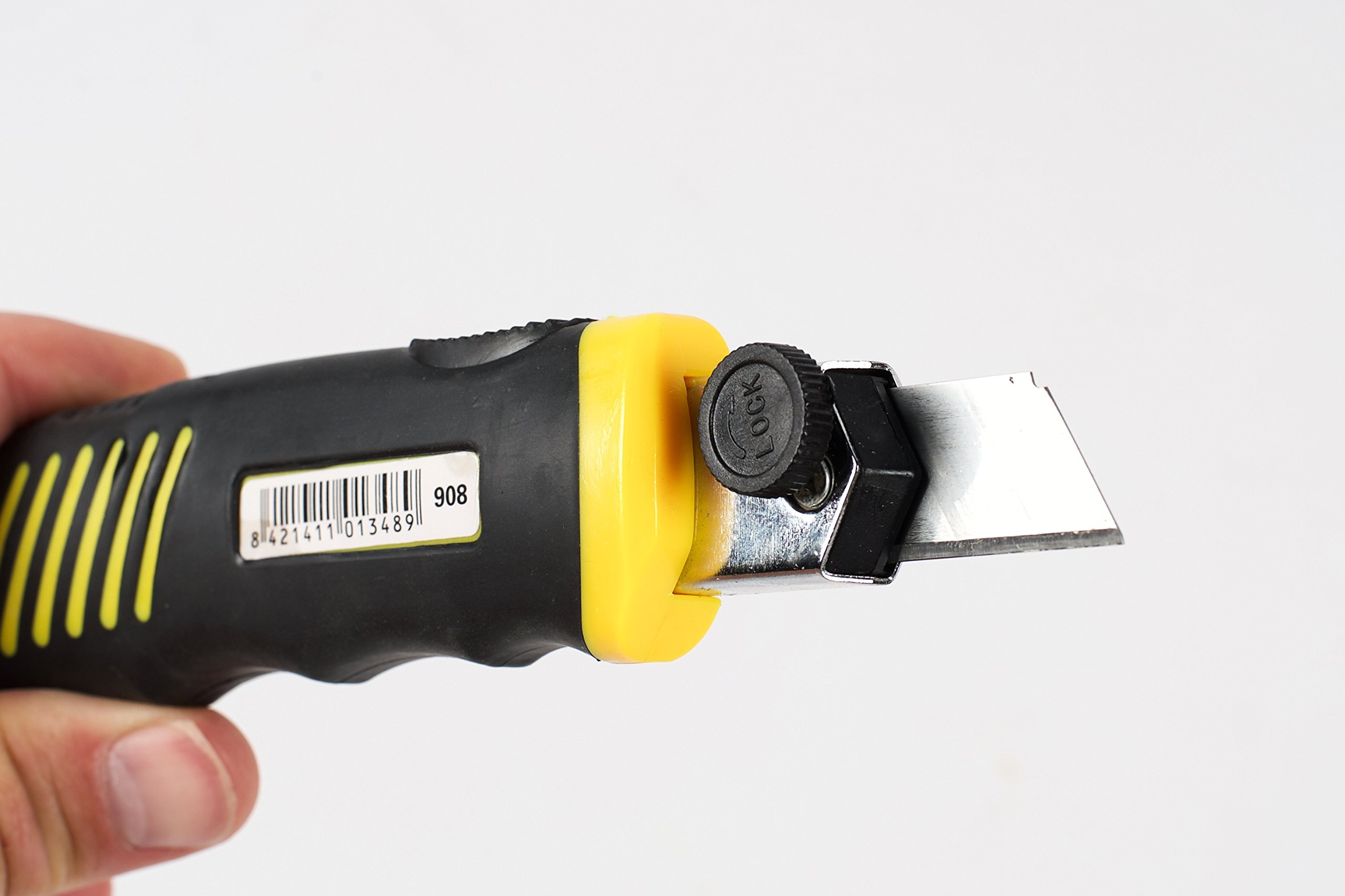 Medid MD908 nóż do cięcia, żółty, ostrze 18 mm, automatyczne wypełnienie ostrza, metalowa szyna i 2-komponentowe etui, w zestawie 8 ostrzy zapasowych