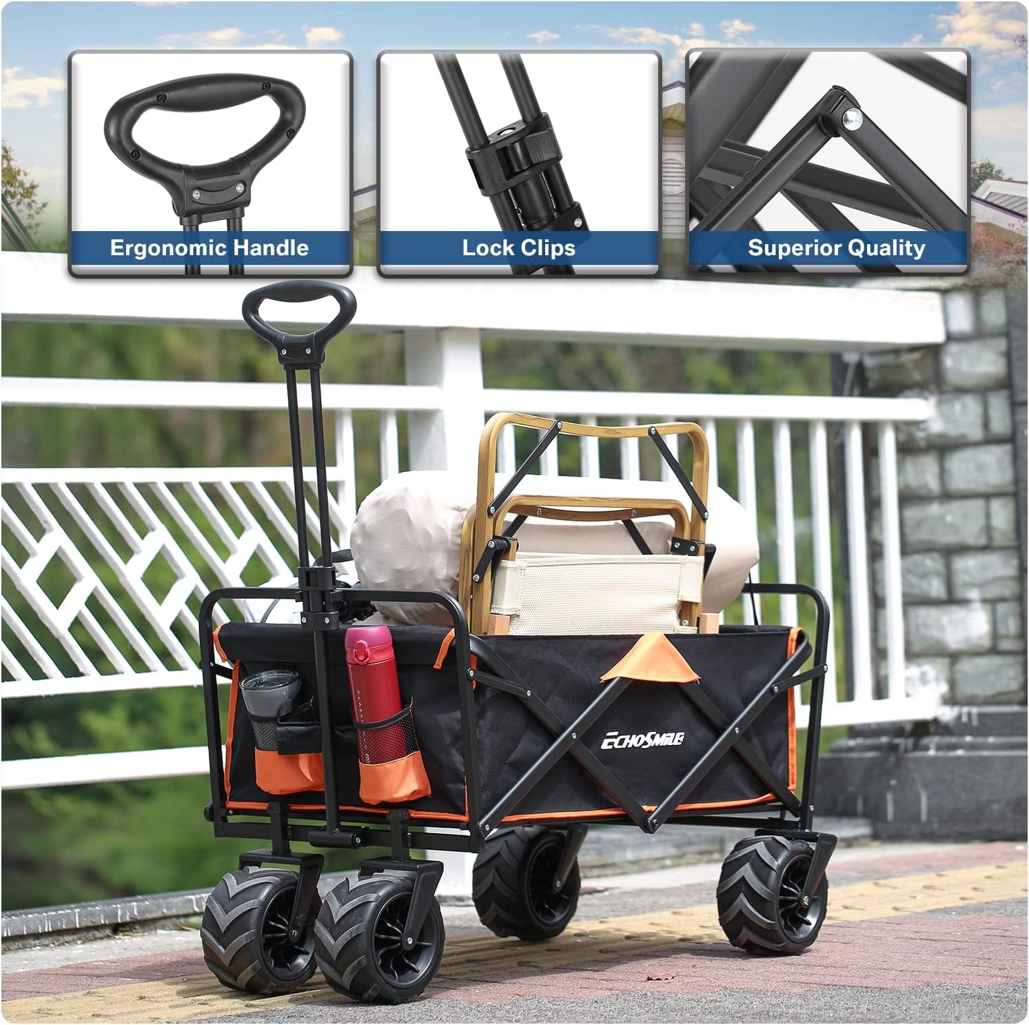 EchoSmile Bollerwagen Faltbar 200L 160KG, Handwagen Transportwagen Klappbar mit Verstellbarem Griff & Seitentaschen, Breite Räder All-Terrain Strandwagen Gartenwagen Einkaufswagen, Schwarz & Orange