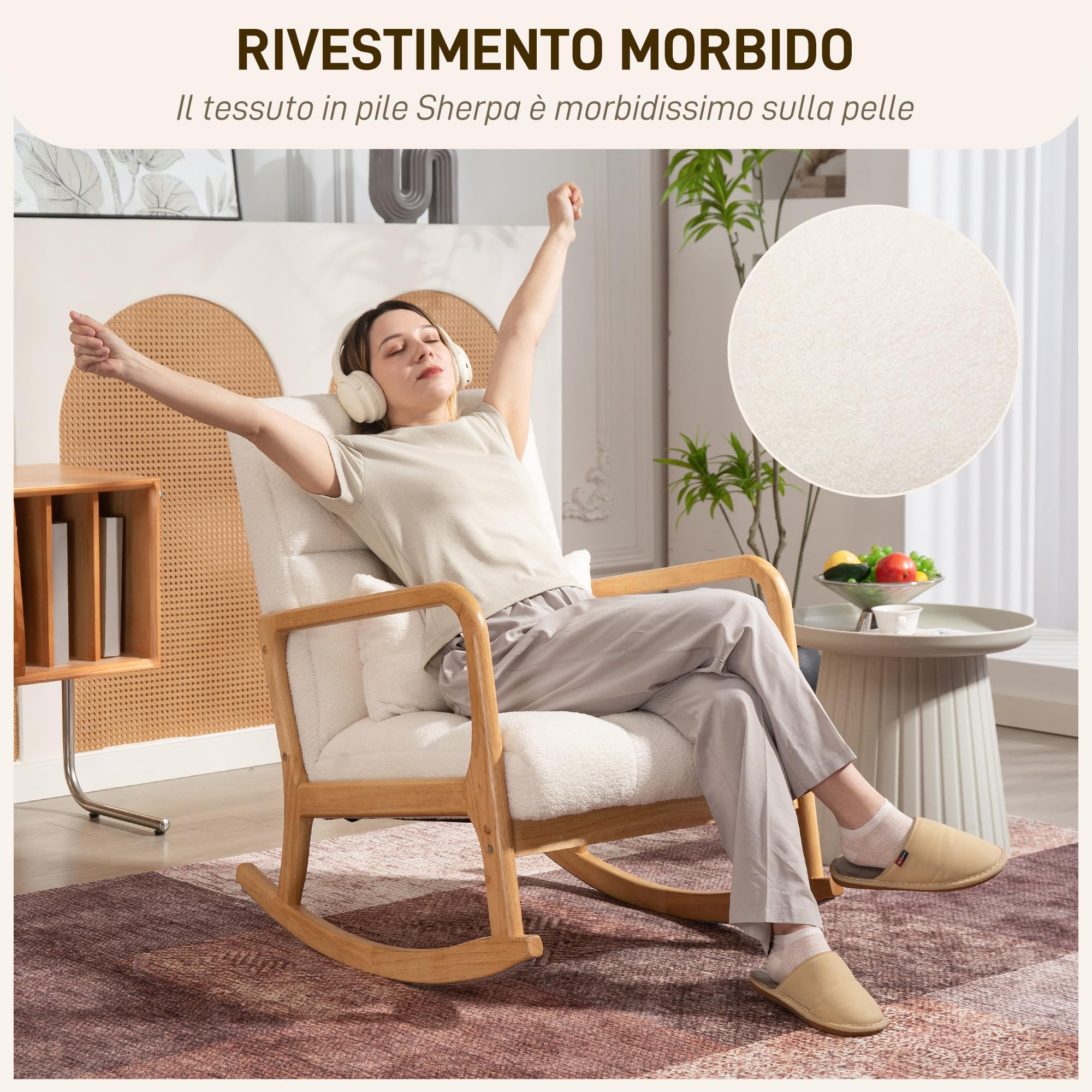 HOMCOM Poltrona a Dondolo 90°-130° con Cuscino Lombare, Poltrona per Salotto in Tessuto Sherpa e Legno, 64.5x82x89 cm, Bianco e color Legno