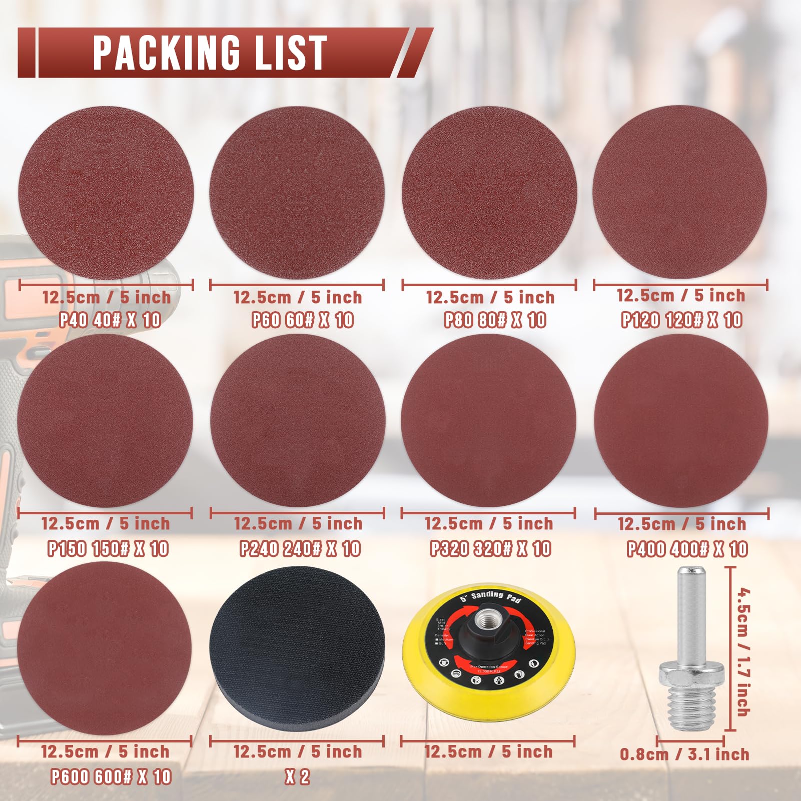 90 pezzi di carta vetrata, rotondi, dischi abrasivi da 125 mm, con piastre abrasive e tappetini in spugna, dischi abrasivi per levigatrice orbitale (granulometria