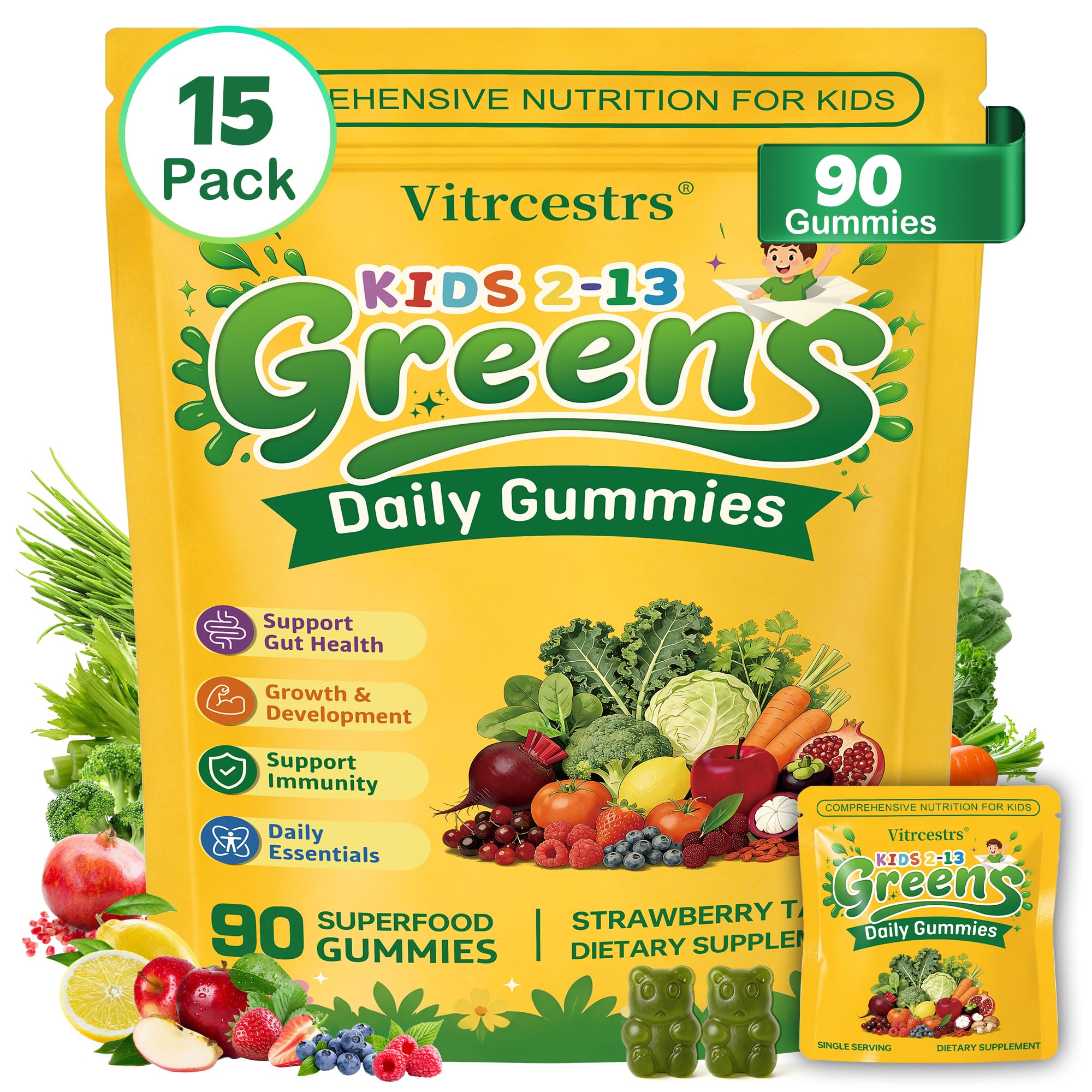 Greens Daily Gummies for Kids, Super Greens Gummies Kids Superfood Multivitamin Gummies with Fruits & Veggies, Alfalfa, Spirulina, Chlorella, Adaptogens, Prebiotic Fiber for Digestive Health, 90 Count Low Sugar