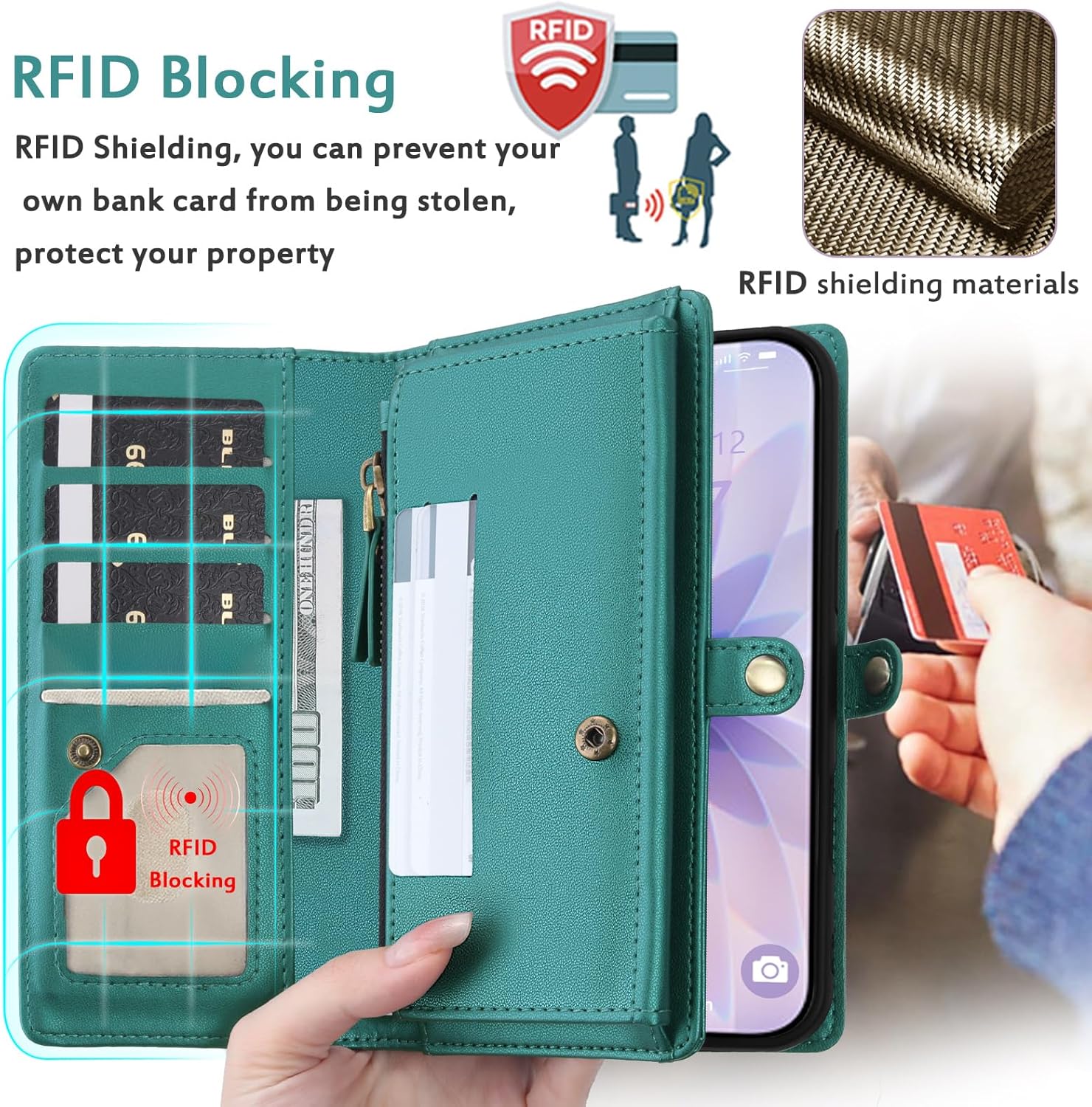 for Wallet Case Compatible with iPhone 17,Multi-Function Detachable 2 in 1 Magnetic iPhone 17 Case Wallet,Flip Strap Zipper Card Holder Phone Case with Shoulder Straps (Green)