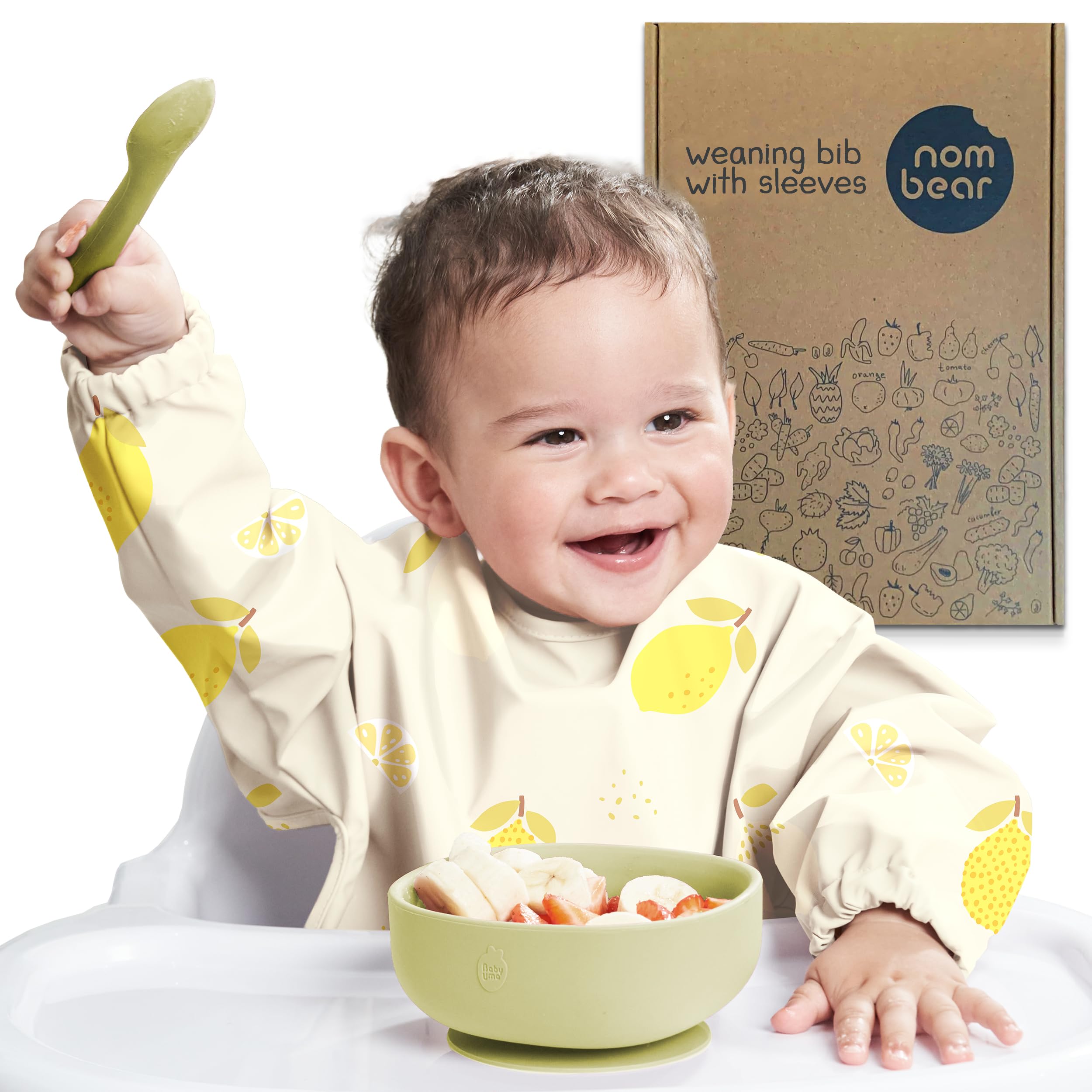 Nombear Baby Bibs with Sleeves for 6-24 Months, 1 Pack, Easy Wipe Clean, Machine Washable Baby Weaning Bib with Sleeves