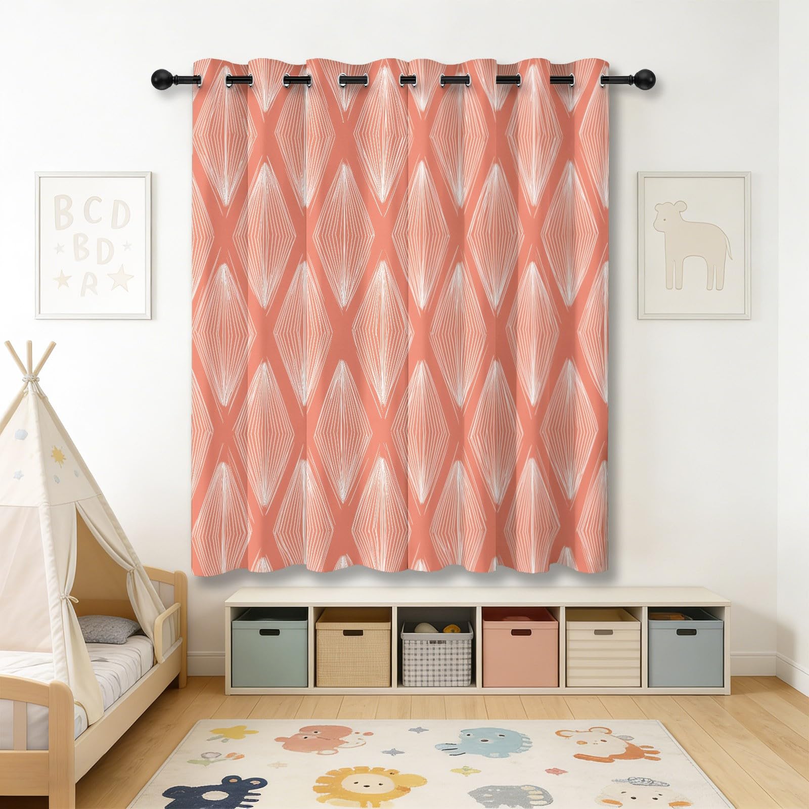140L X 245H cm (2 Panneaux) Rideau Occultant Géométrie Lignes Losange Rideaux Thermique Isolant Anti UV, Corail Opaque Draperies Decoration pour Maison Salon Chambre Fenetre avec Œillets