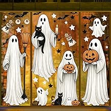 AhfuLife 4 Sheets Large Halloween Ghost Window Stickers Decorations, 32 x 90cm, Big Spooky Ghost Window Clings Double Side Reusable Decals for Halloween Home Party Indoor Decorations