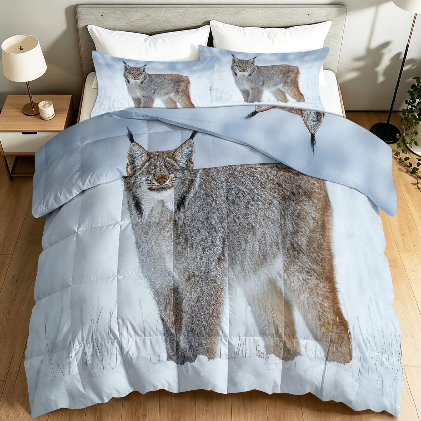 Edredón diseño gato animal de 135x200 cm con fundas de almohada y paisaje nevado gris claro