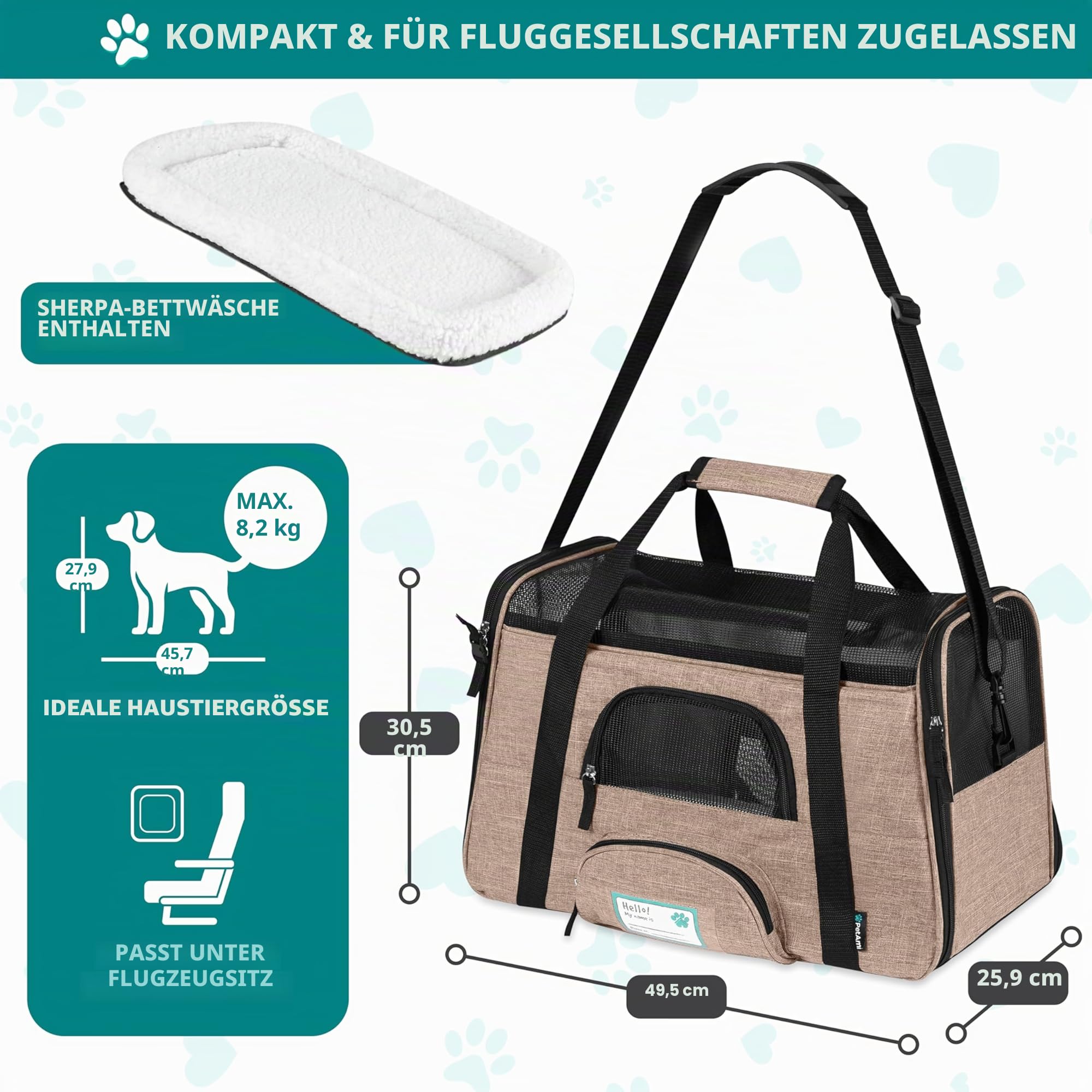 PetAmi Premium Fluggesellschaften zugelassene weiche HaustierReisetasche | belüftetes, Komfortables Design mit Sicherheitsfunktionen | ideal für kleine bis mittelgroße Katzen, Hunde und Haustiere